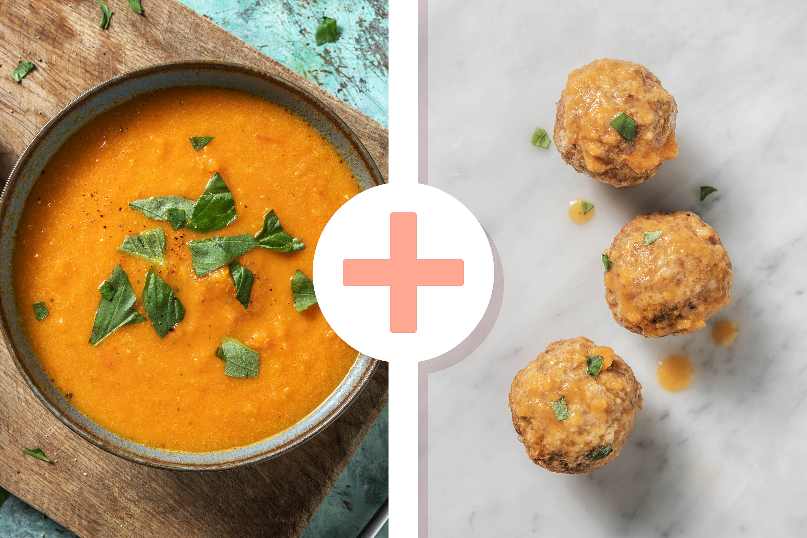 Veggie + protein -  Soupe de carotte, tomate et boulettes de viande