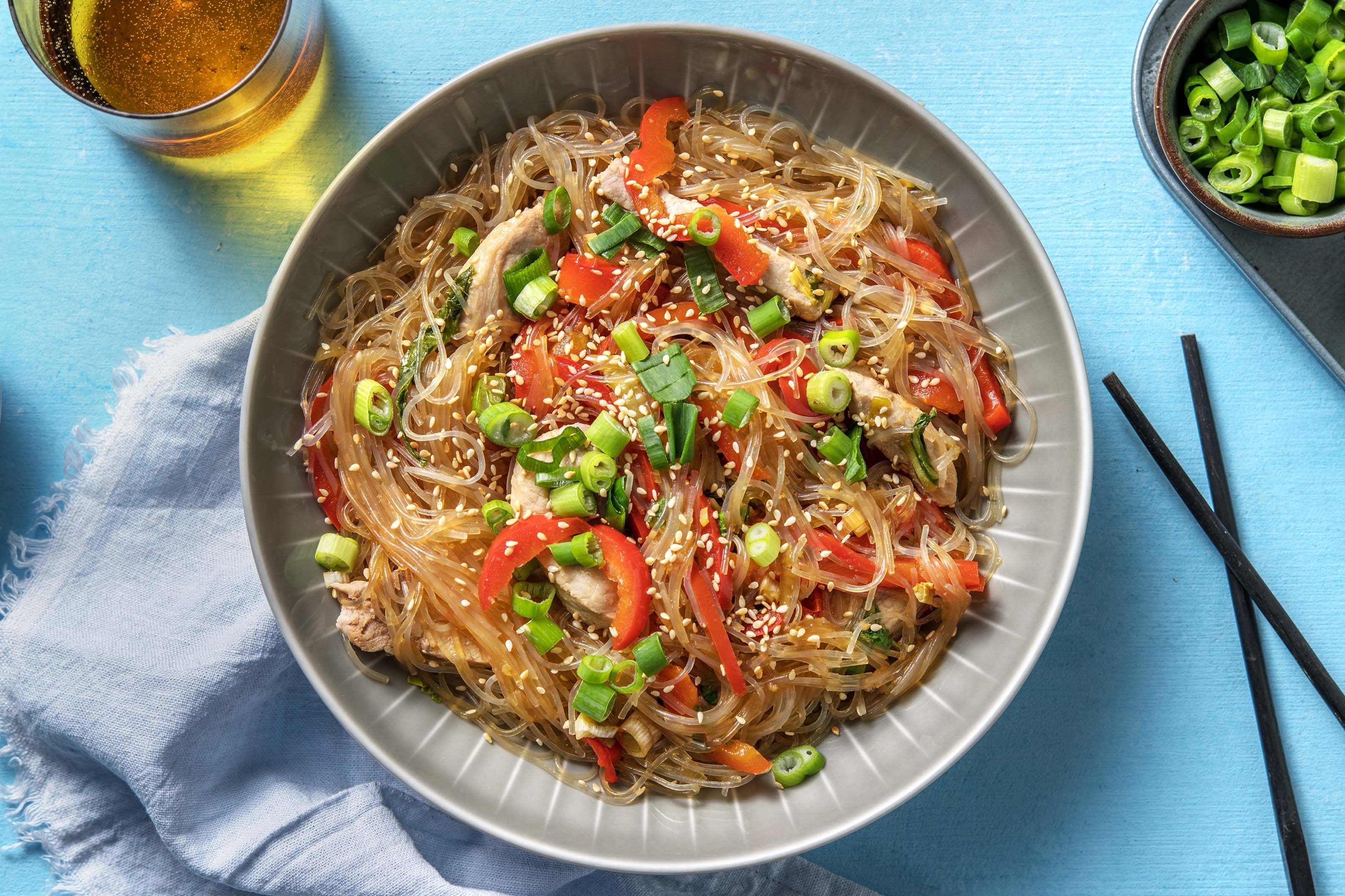 Glasnudeln mit Schweinelachssteak