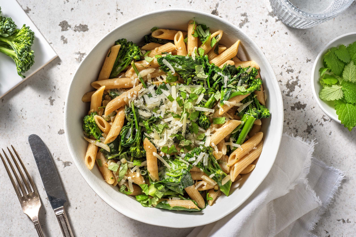 Pennes complètes aux haricots verts et épinards