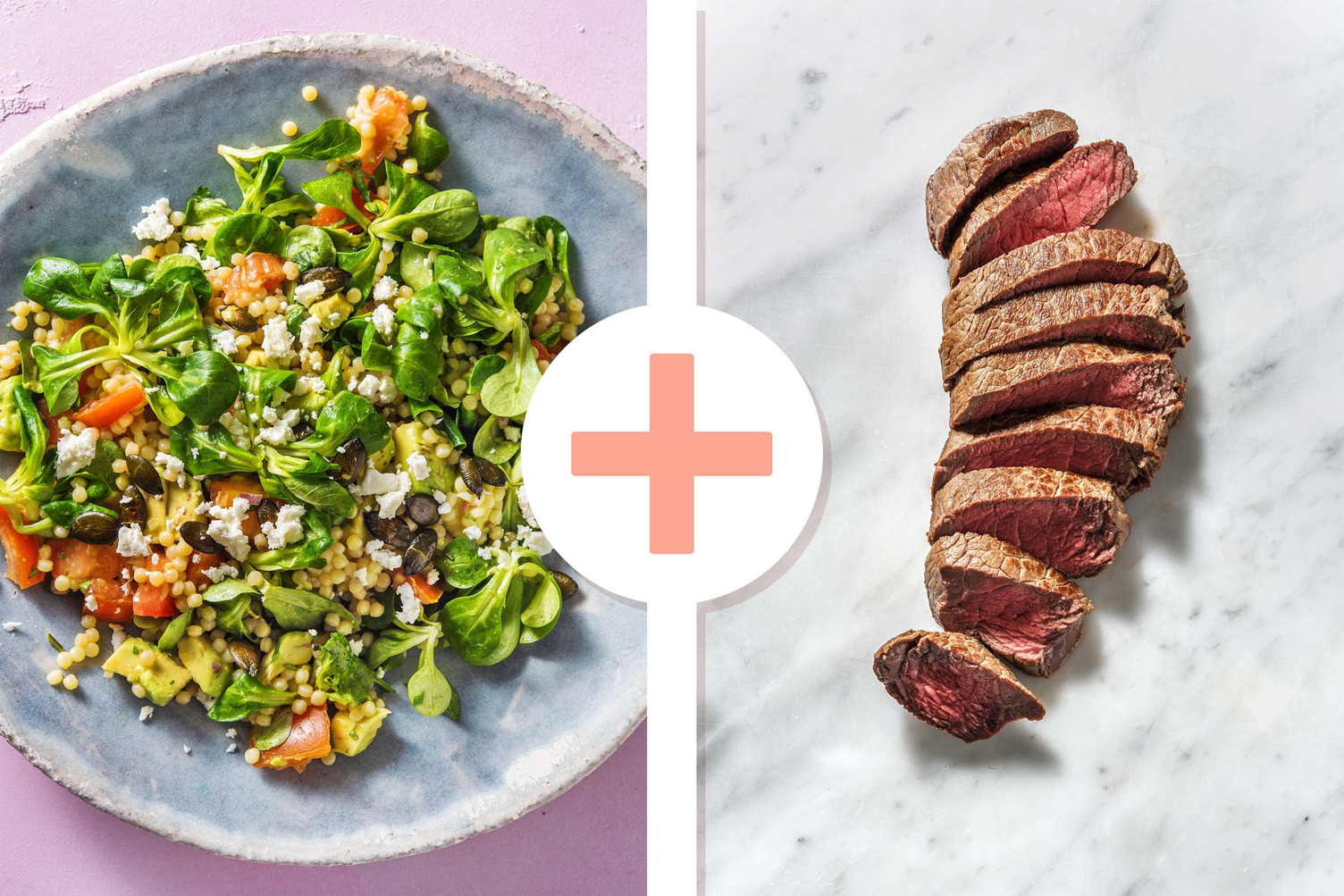 Salade de couscous perlé accompagnée d'un rumsteak en extra