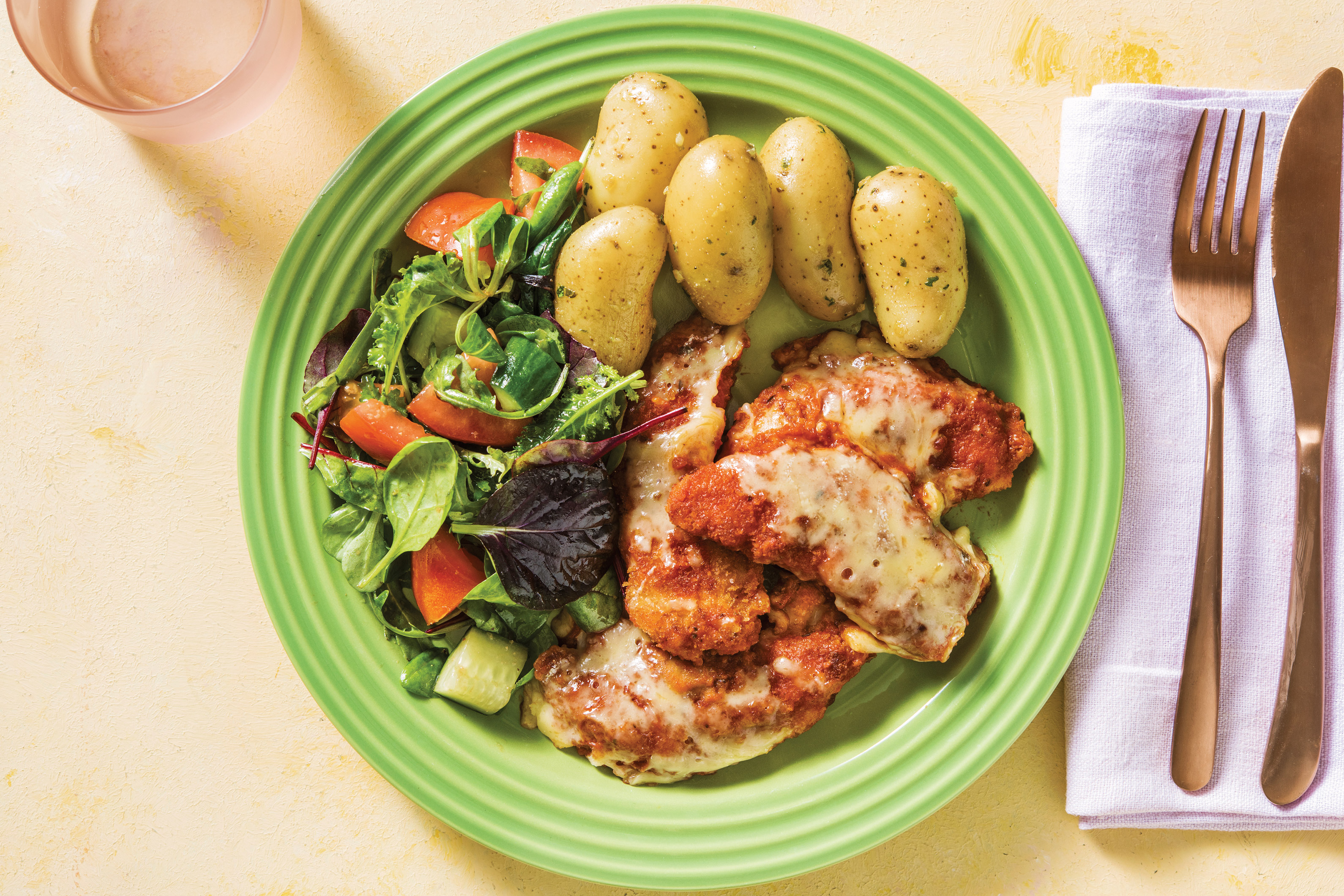 Chicken Parmigiana with Garlic-Herb Potatoes with Garden Salad