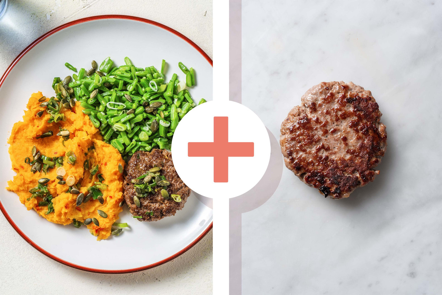 Dubbele portie Duitse biefstuk met zoete-aardappelpuree