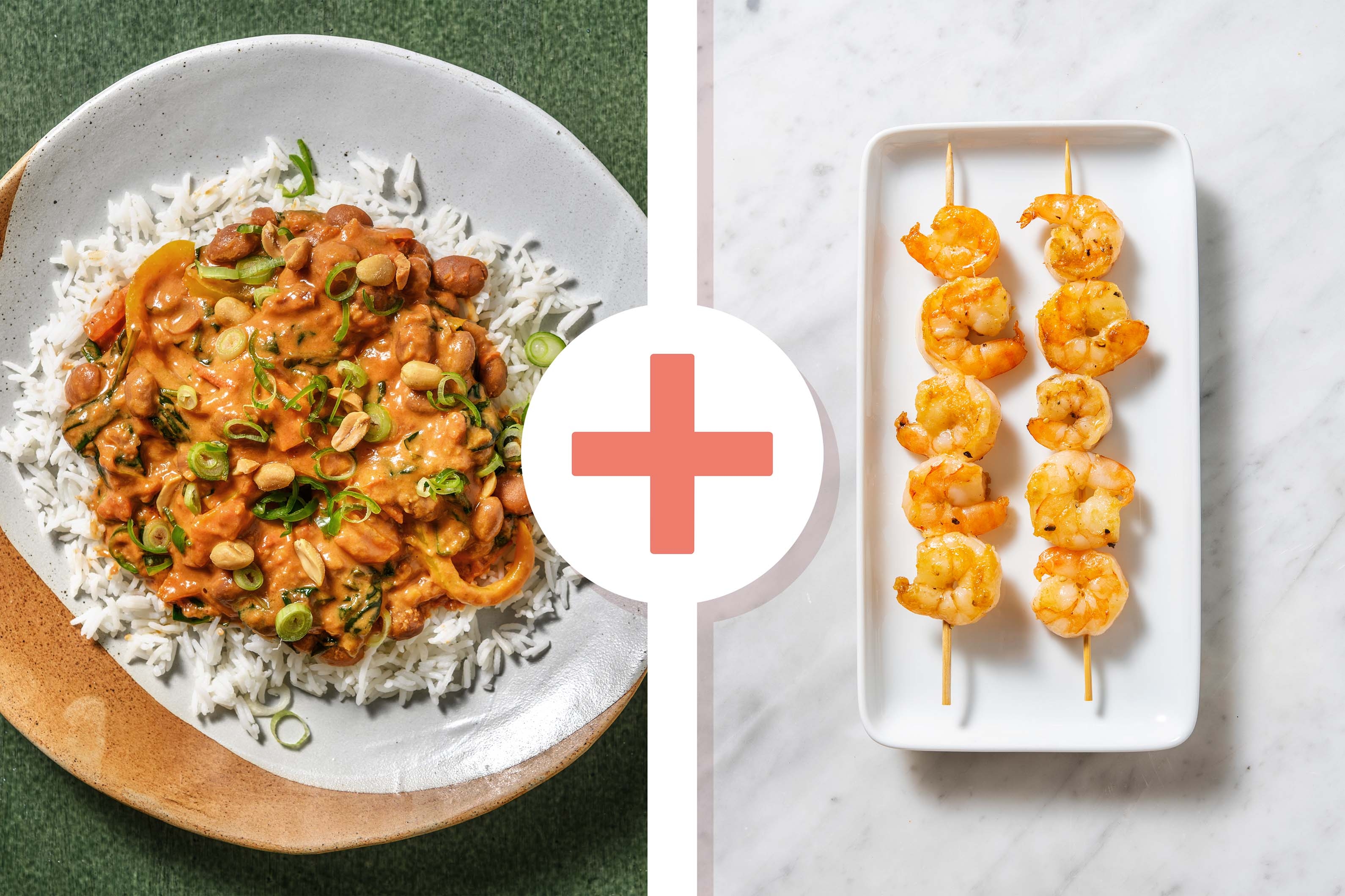 Erdnusseintopf mit Garnelenspießen