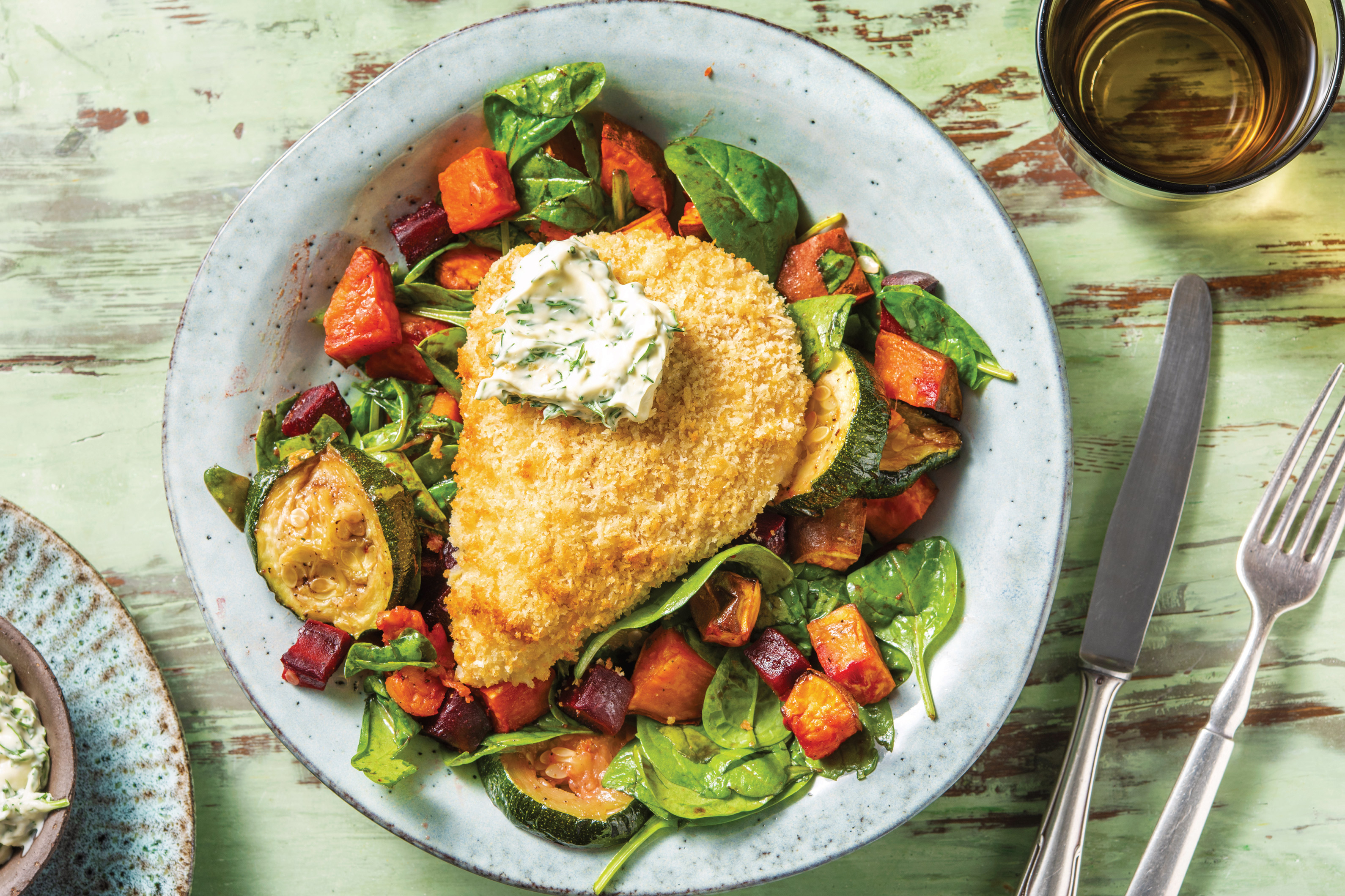 Parmesan & Mustard-Crusted Chicken with Roast Veggie Toss & Dill-Parsley Mayo