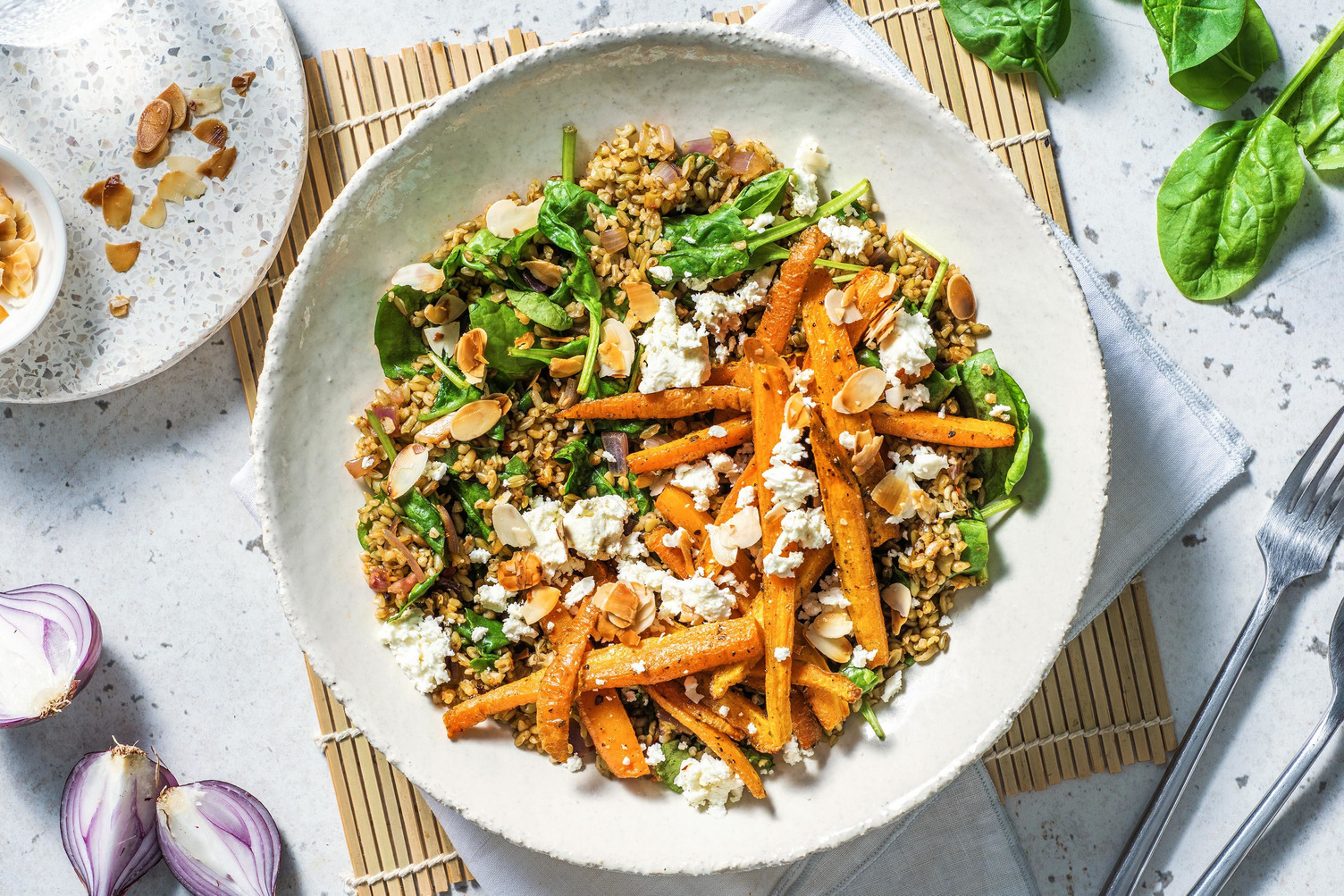 Freekeh aux épinards épicé à la harissa