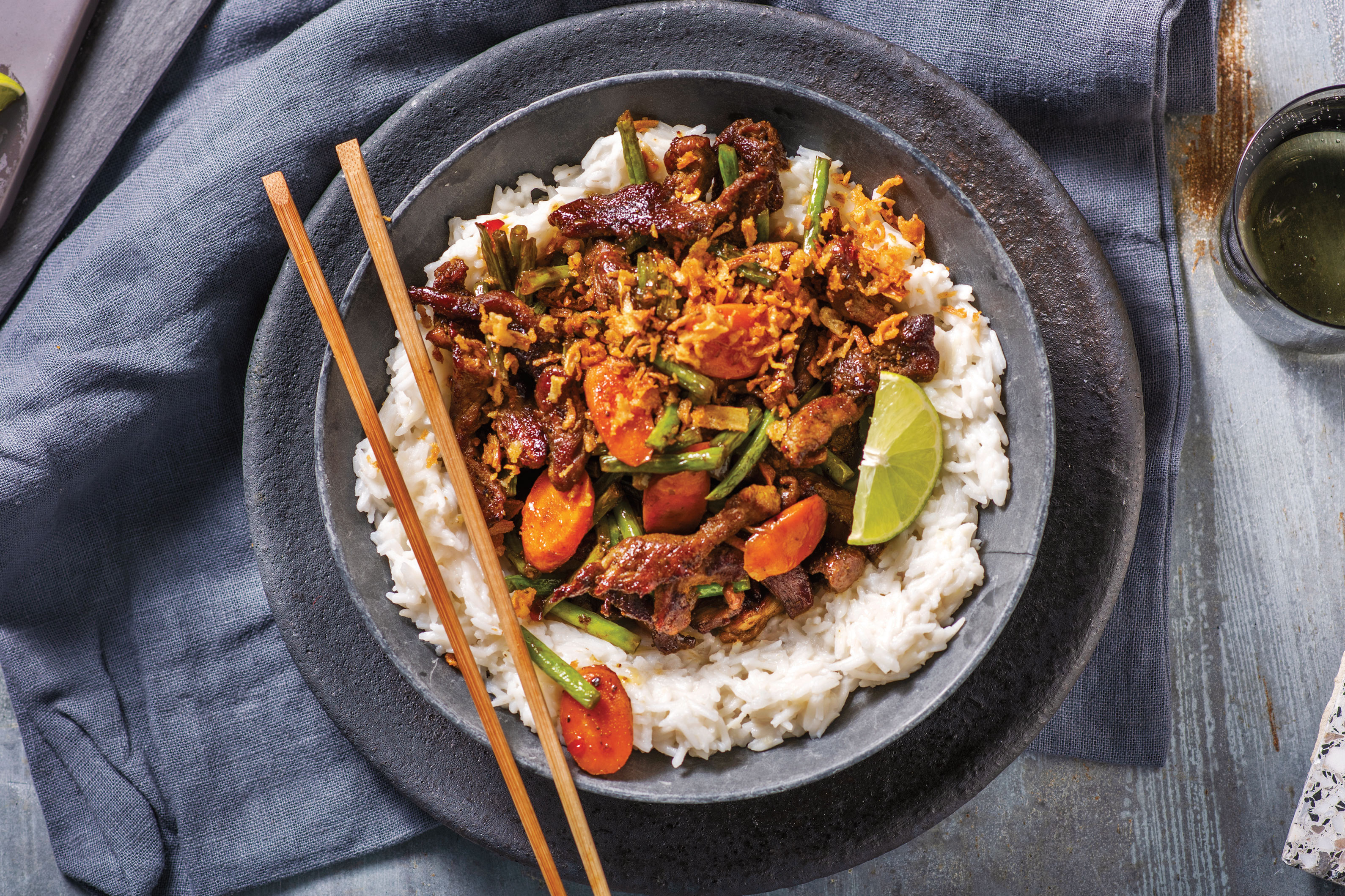 Thai-Spiced Pork & Ginger-Coconut Rice with Crispy Shallots