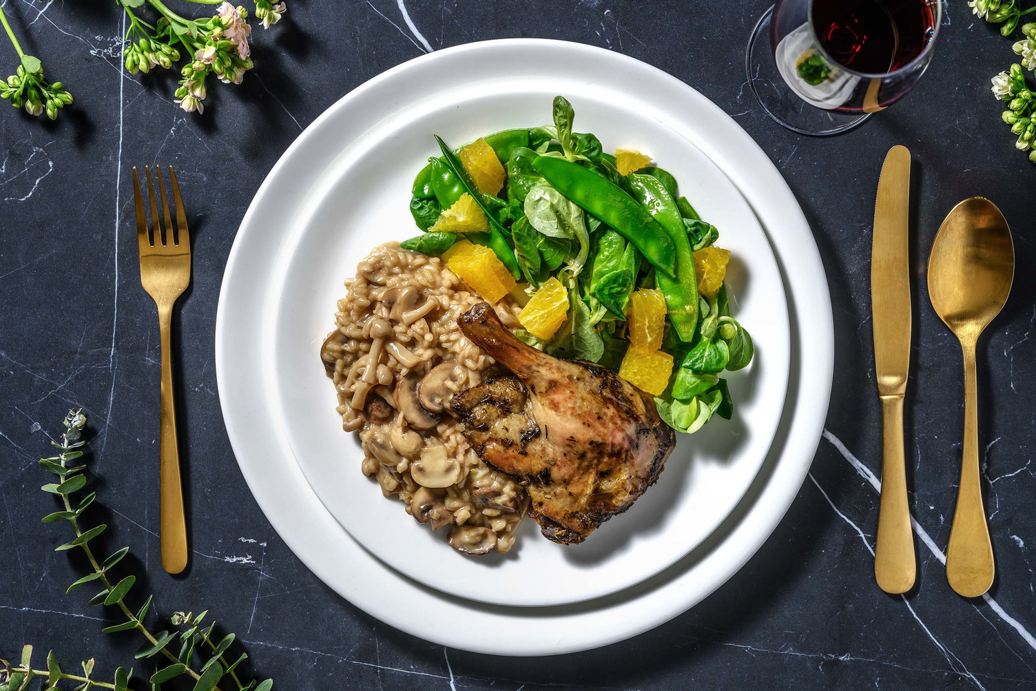 Cuisse de canard confite et risotto aux champignons