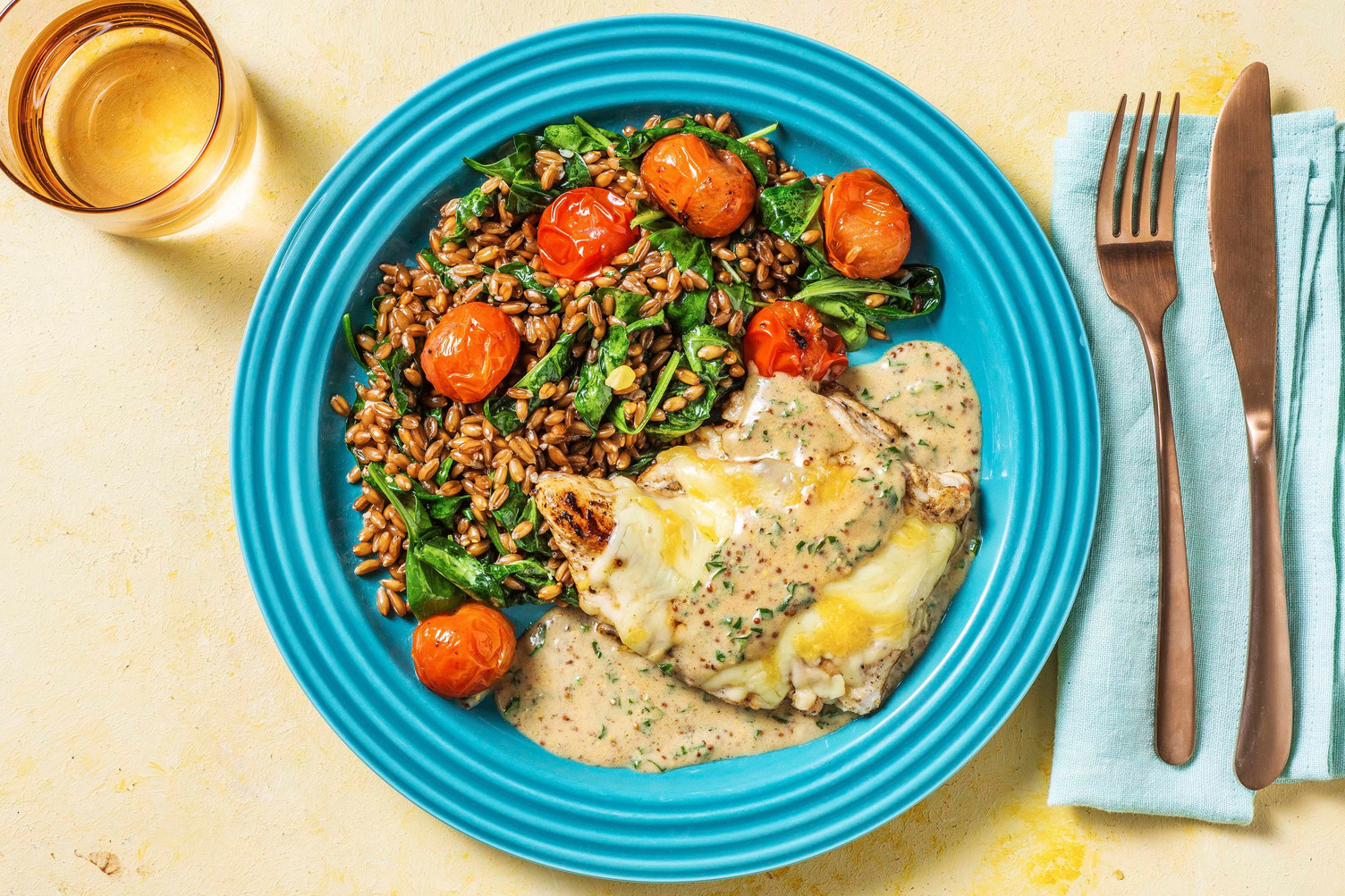 Käsige Hähnchenbrust mit Kräutersoße