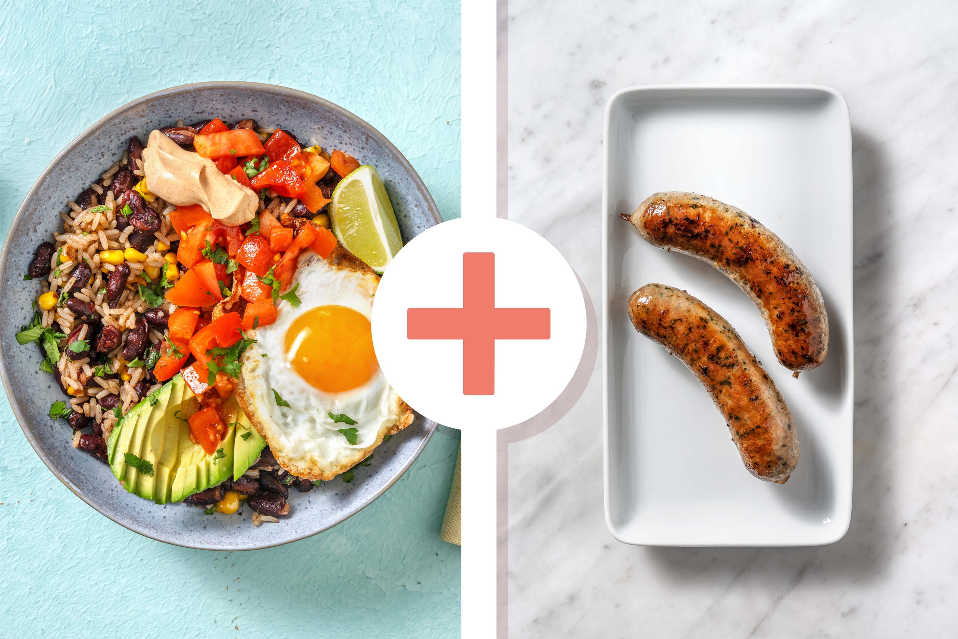 Rijstbowl met varkensworstjes als extra