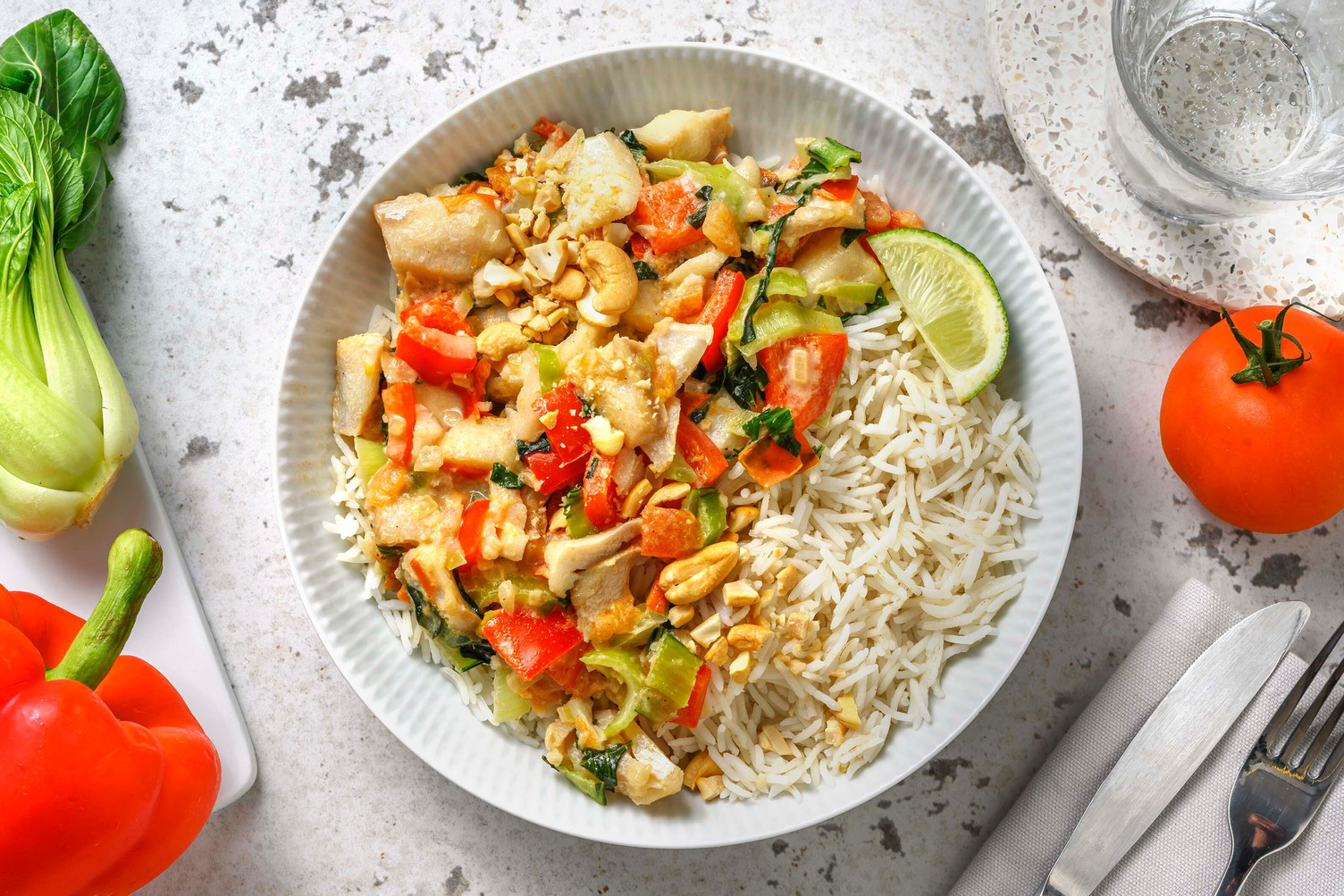 Pittige groene viscurry met rijst