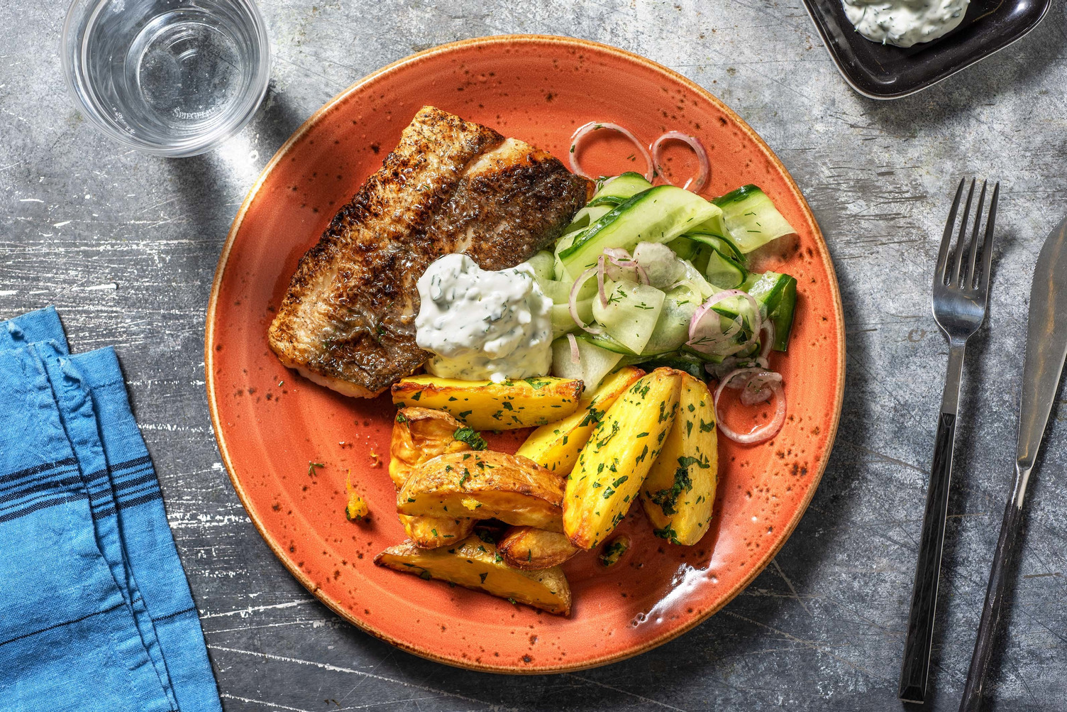 Souflaki-Seehecht mit Zitronenkartoffeln