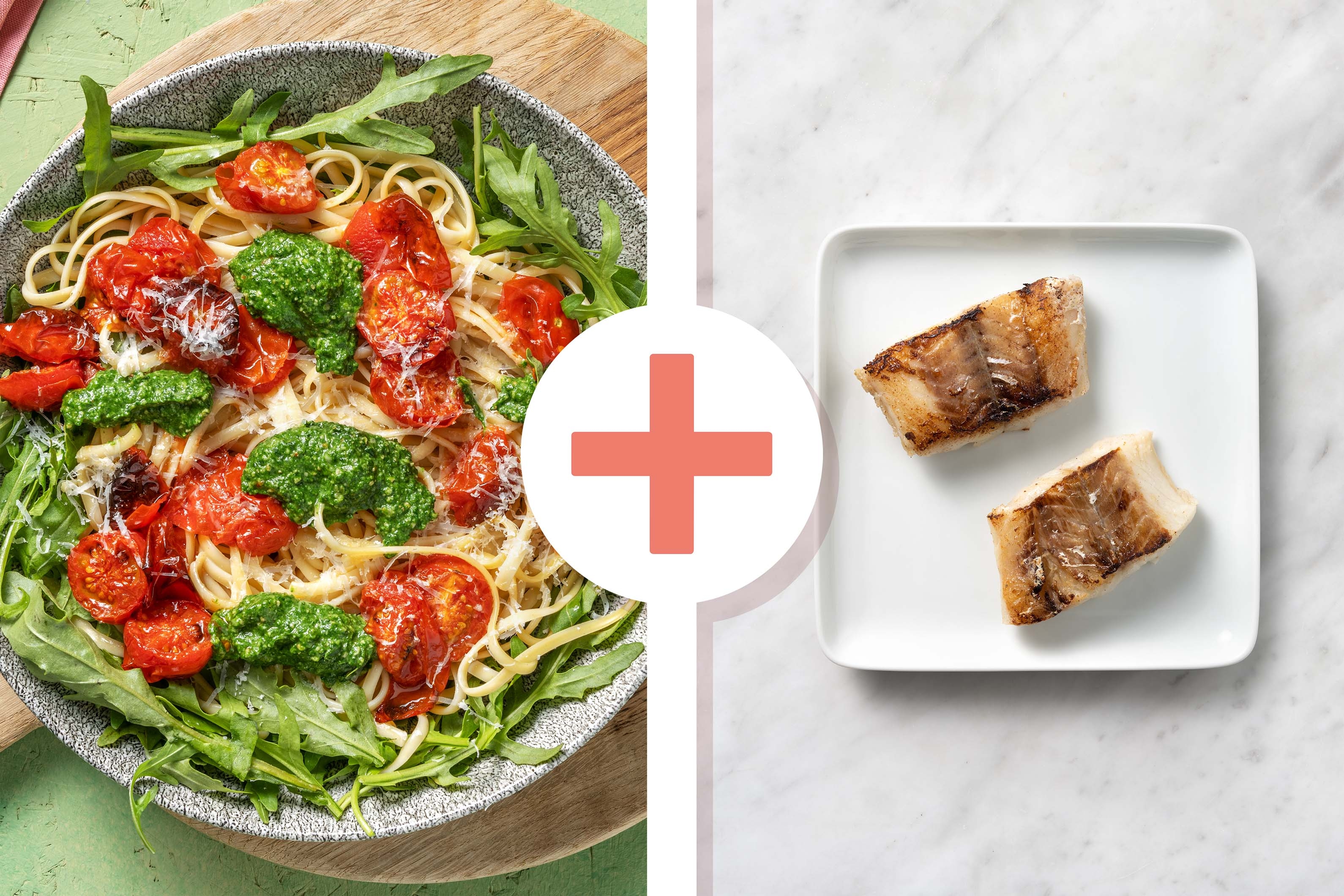 Linguine, pesto d’épinards et filet de cabillaud en extra