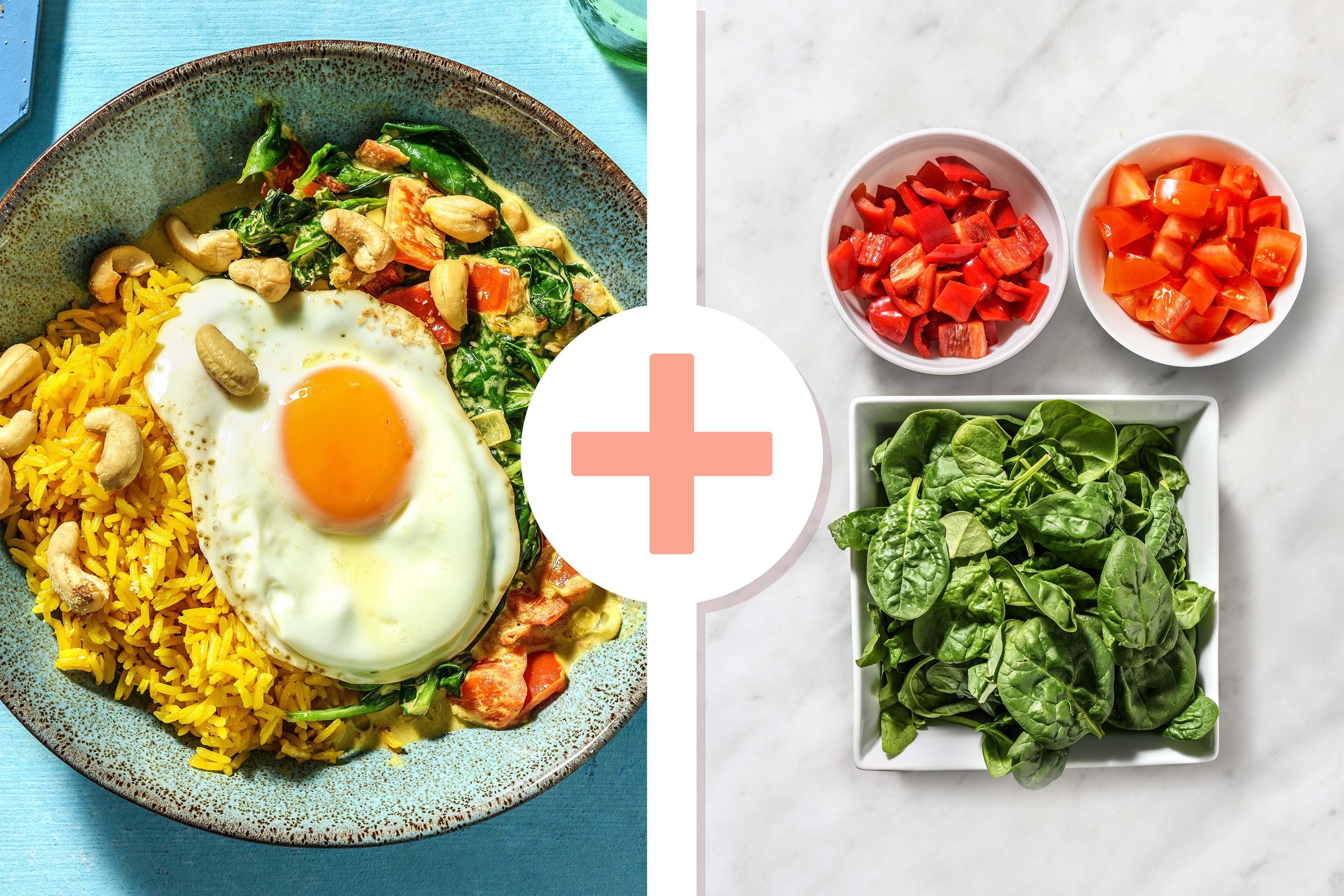 Curry d’épinards à la noix de coco avec riz jaune et œuf au plat