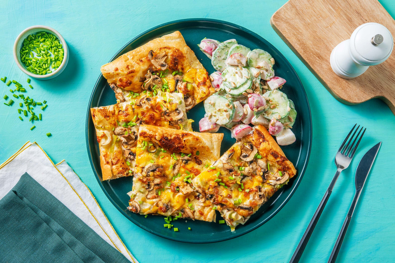 Tarte mit Porree und Champignons