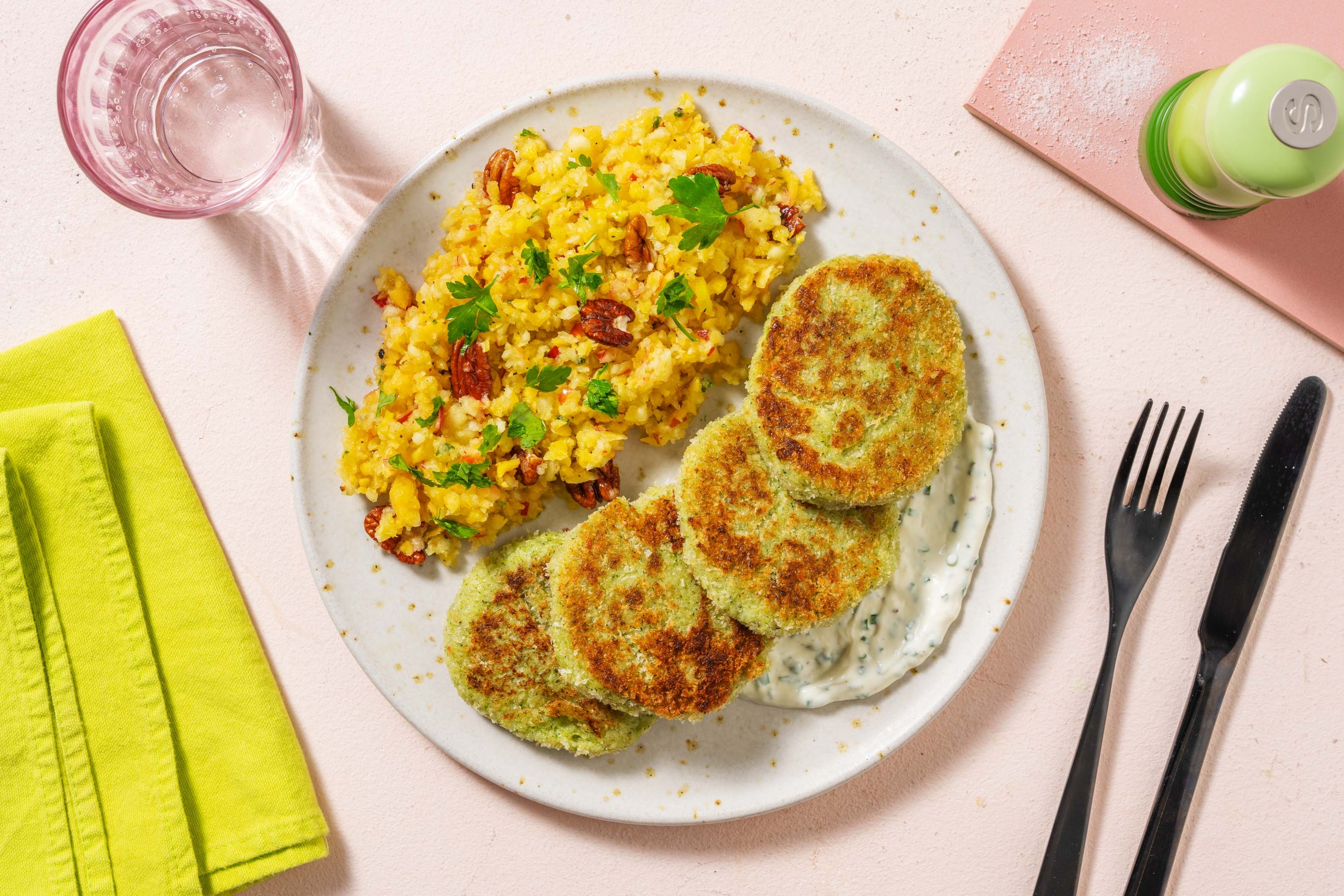 Gemüseplätzchen mit gelbem Apfel-Karotten-Salat