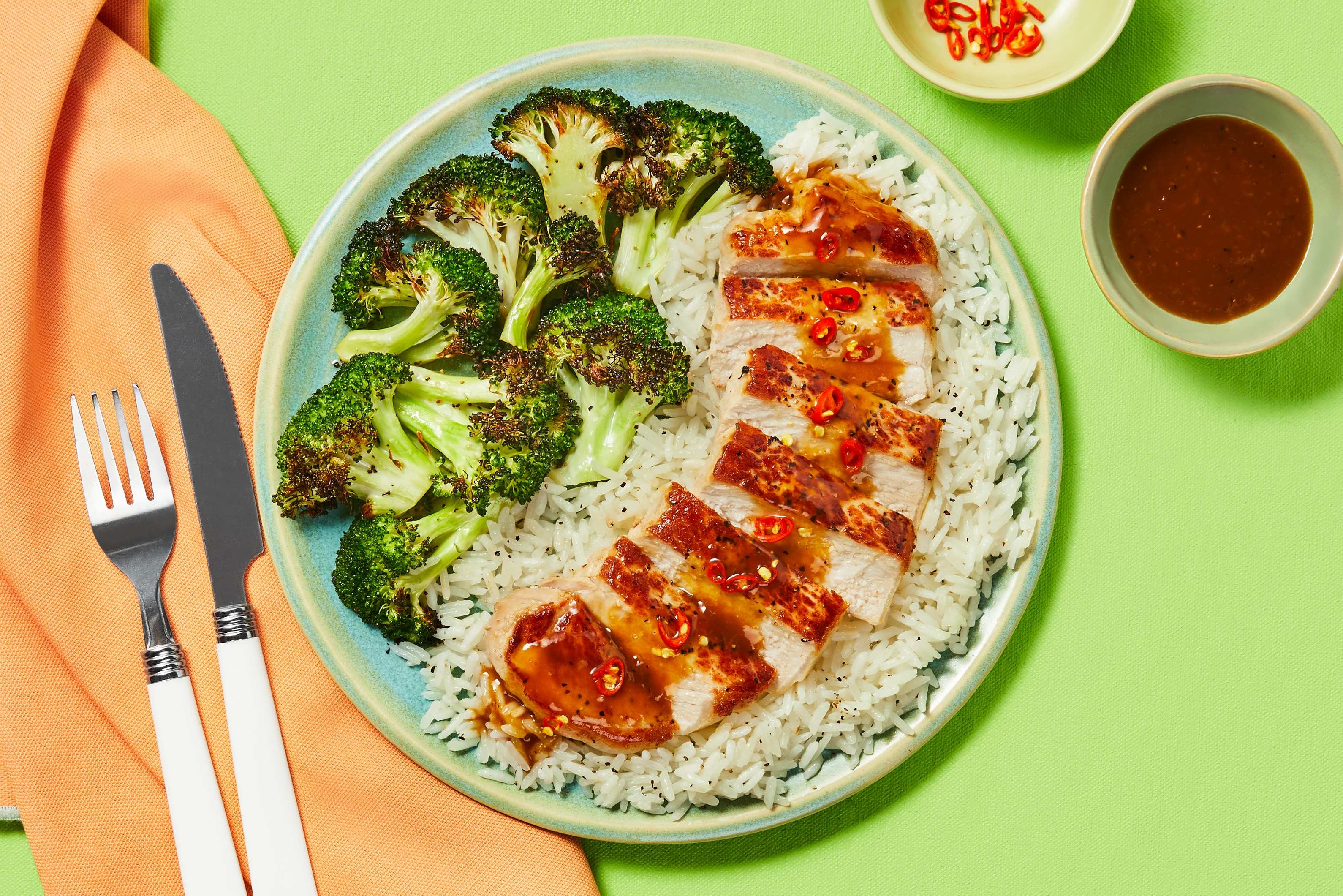 [UPGRADE PORK CHOPS TO BAVETTE STEAK] Apricot Chili Glazed Pork Chop with Broccoli