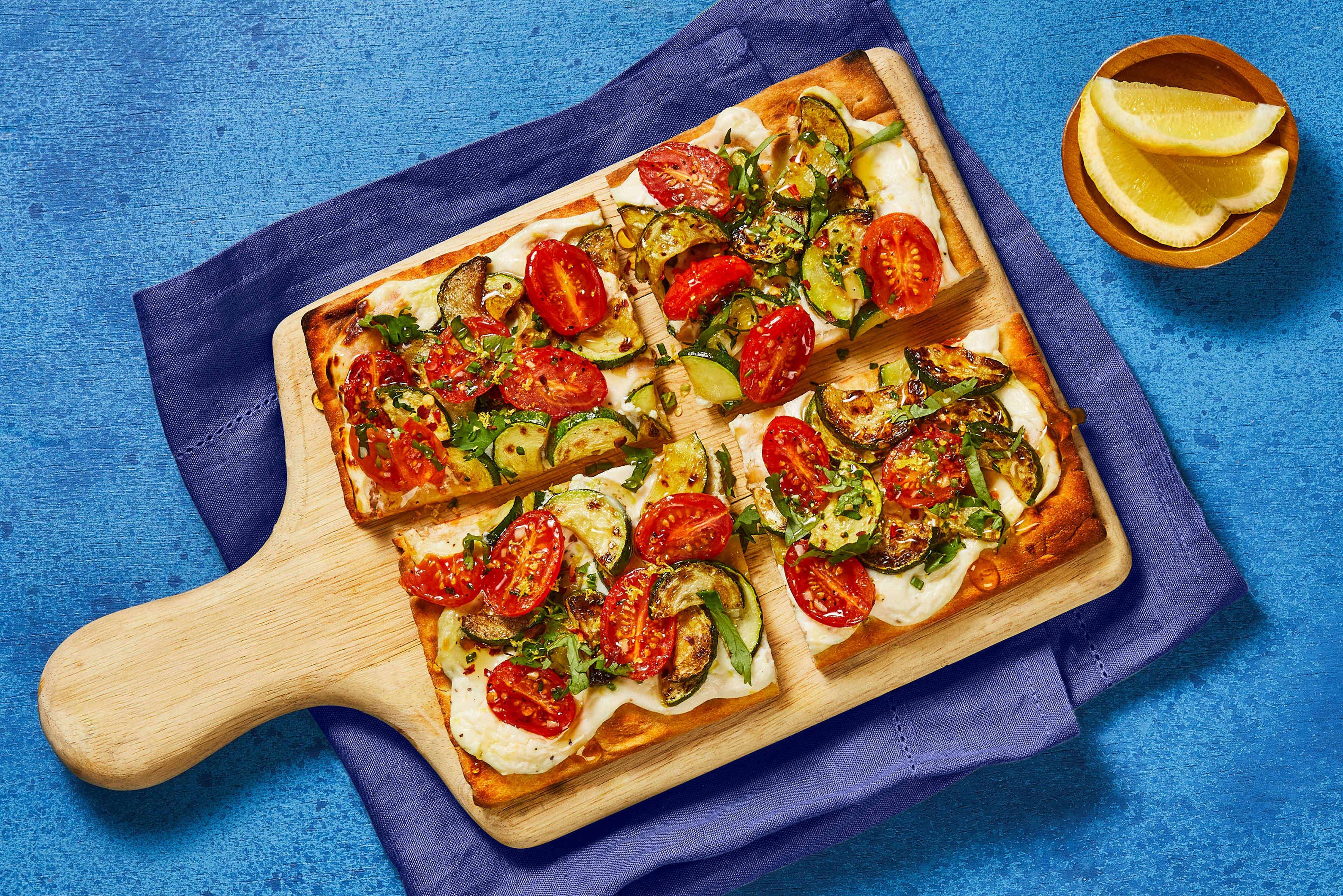 [ADD CHICKEN BREAST STRIPS] Tomato Ricotta Flatbread with Green Herb Blend (D2Vv2)