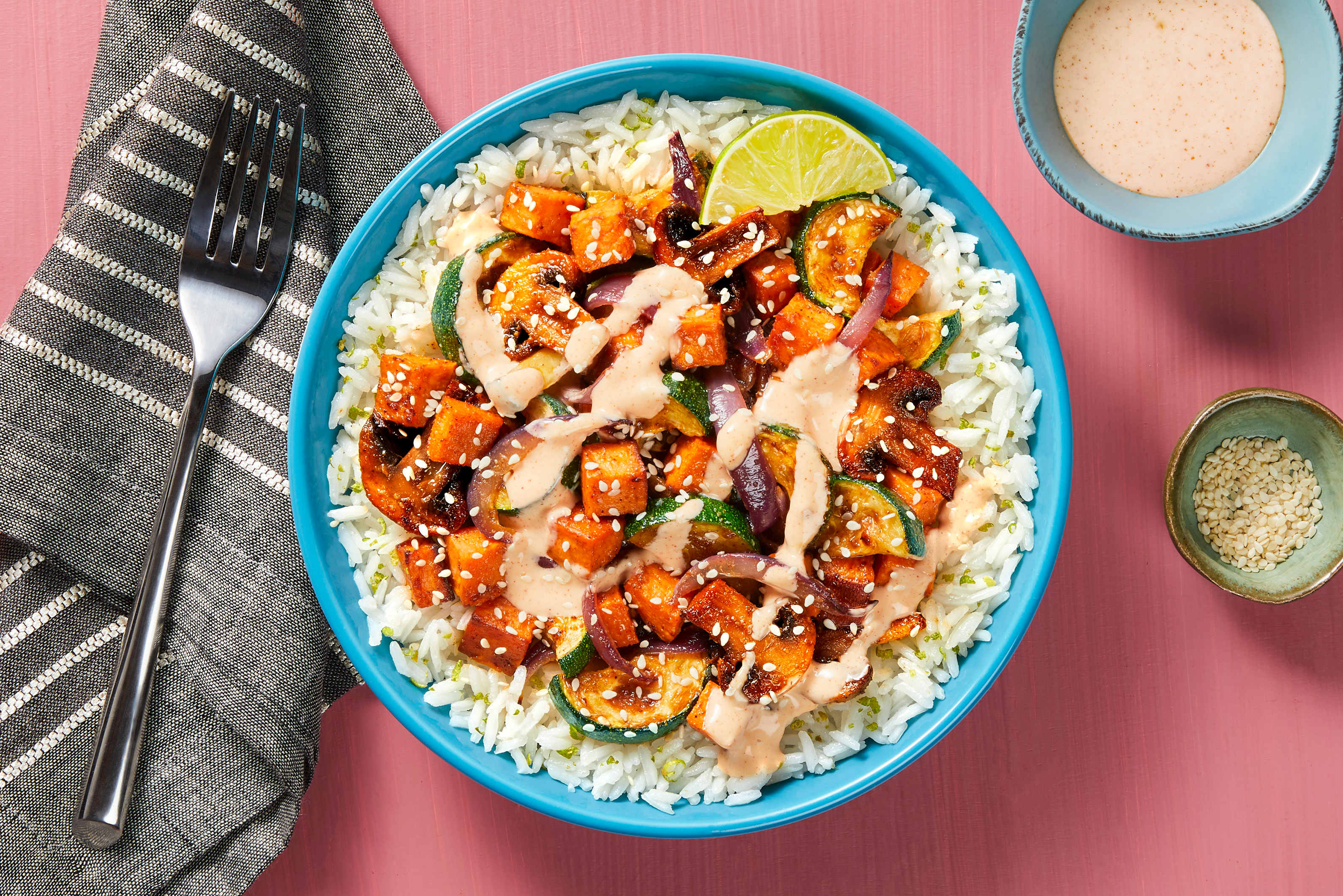 [SIDE CARB SWAP JASMINE RICE TO BROWN RICE] Honey-Miso Roasted Veggies with Lime Rice and Yum Yum Sauce (No Ketchup)