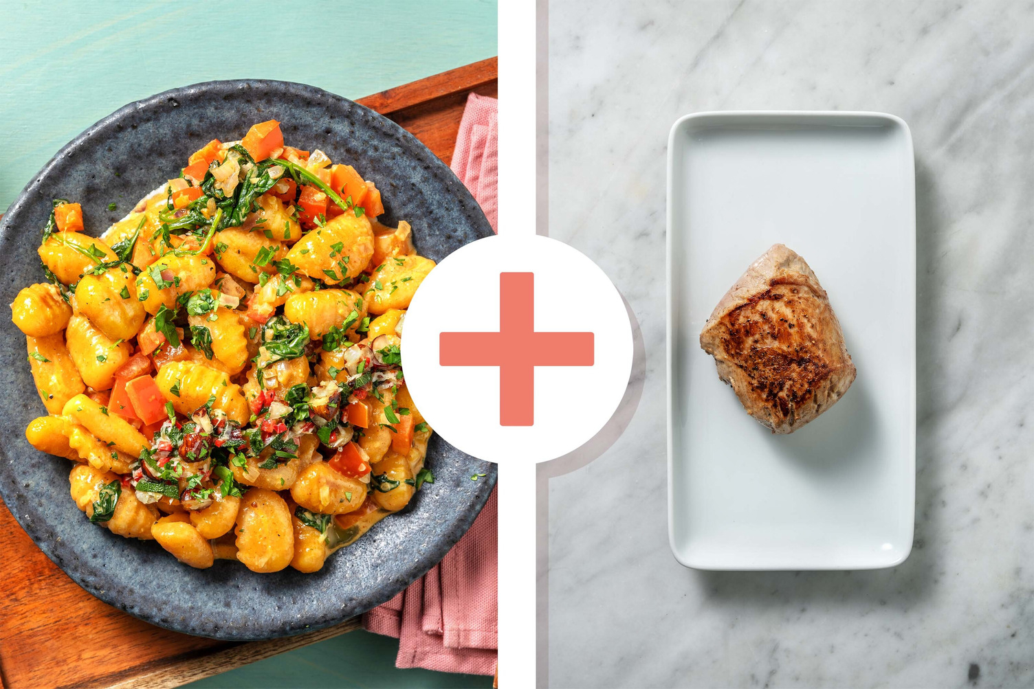 Süßkartoffelgnocchi mit extra Schweinemedaillons