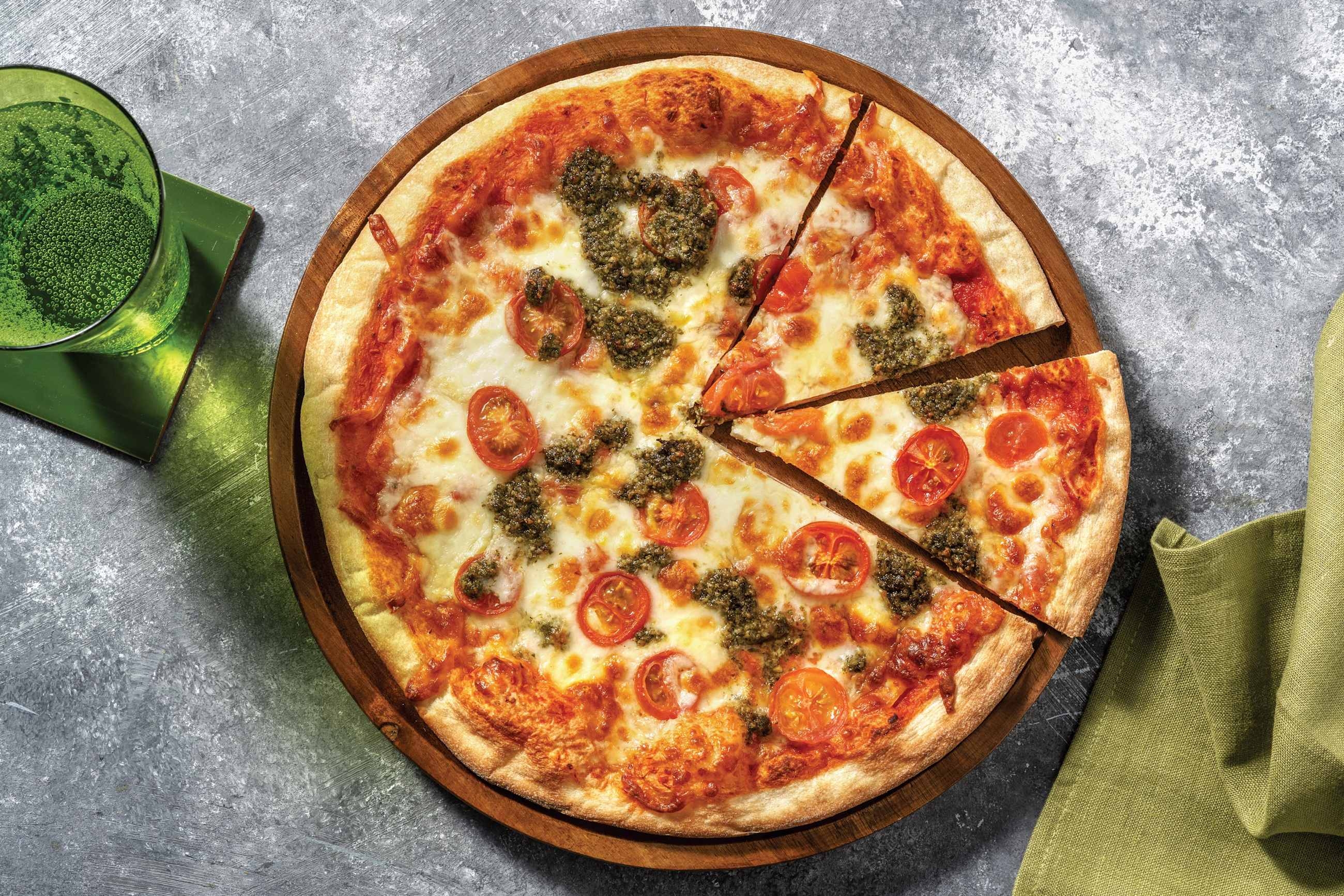 Margherita Pizza with Cherry Tomatoes & Basil Pesto