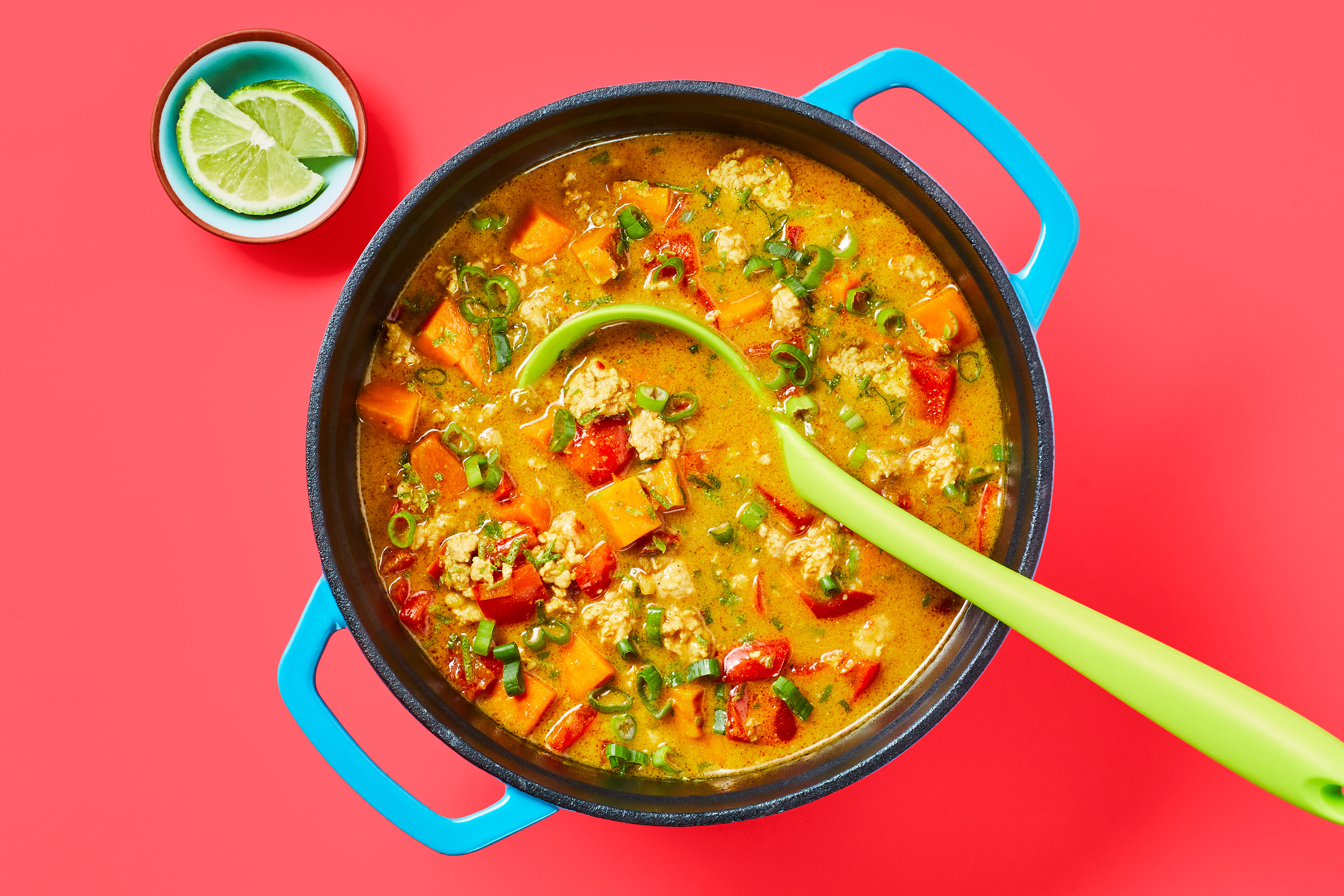 [SWAP GROUND TURKEY TO CHOPPED CHICKEN BREASTS] Spicy Thai Turkey Coconut Soup with Ginger, Garlic and Sweet Potatoes