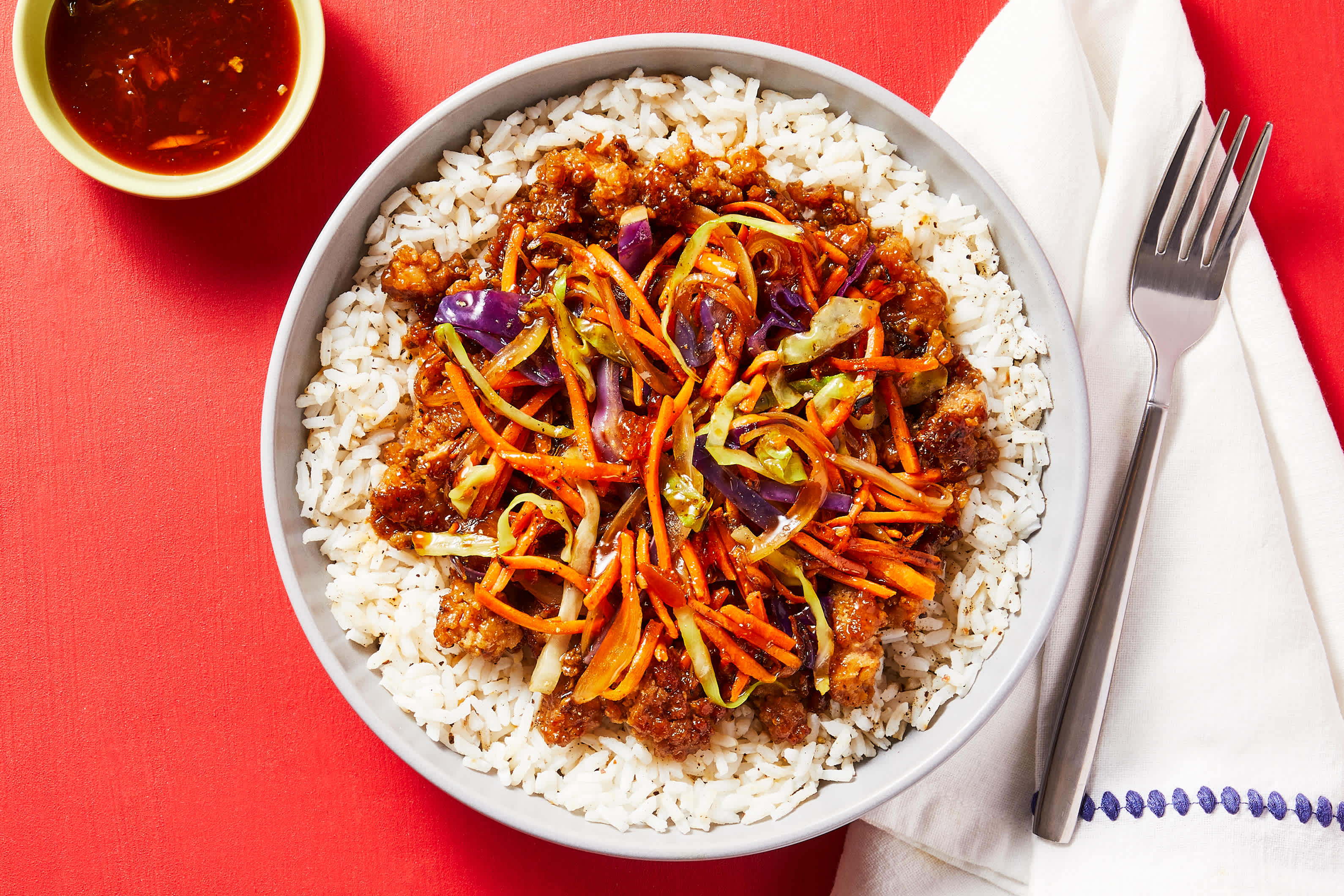 [SWAP GROUND PORK TO GROUND BEEF] Pork and Rice Egg Roll Bowl with Apricot Chili Duck Sauce