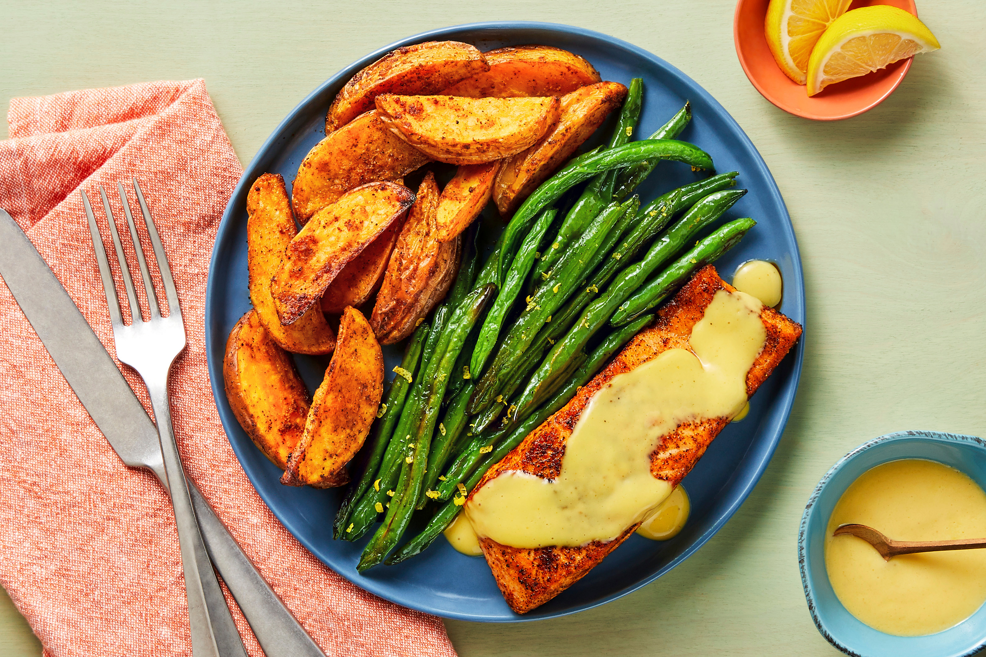 [SIDE VEG DOUBLE GREEN BEANS] Honey Dijon Salmon with Roasted Potato Wedges and Lemony Roasted Green Beans