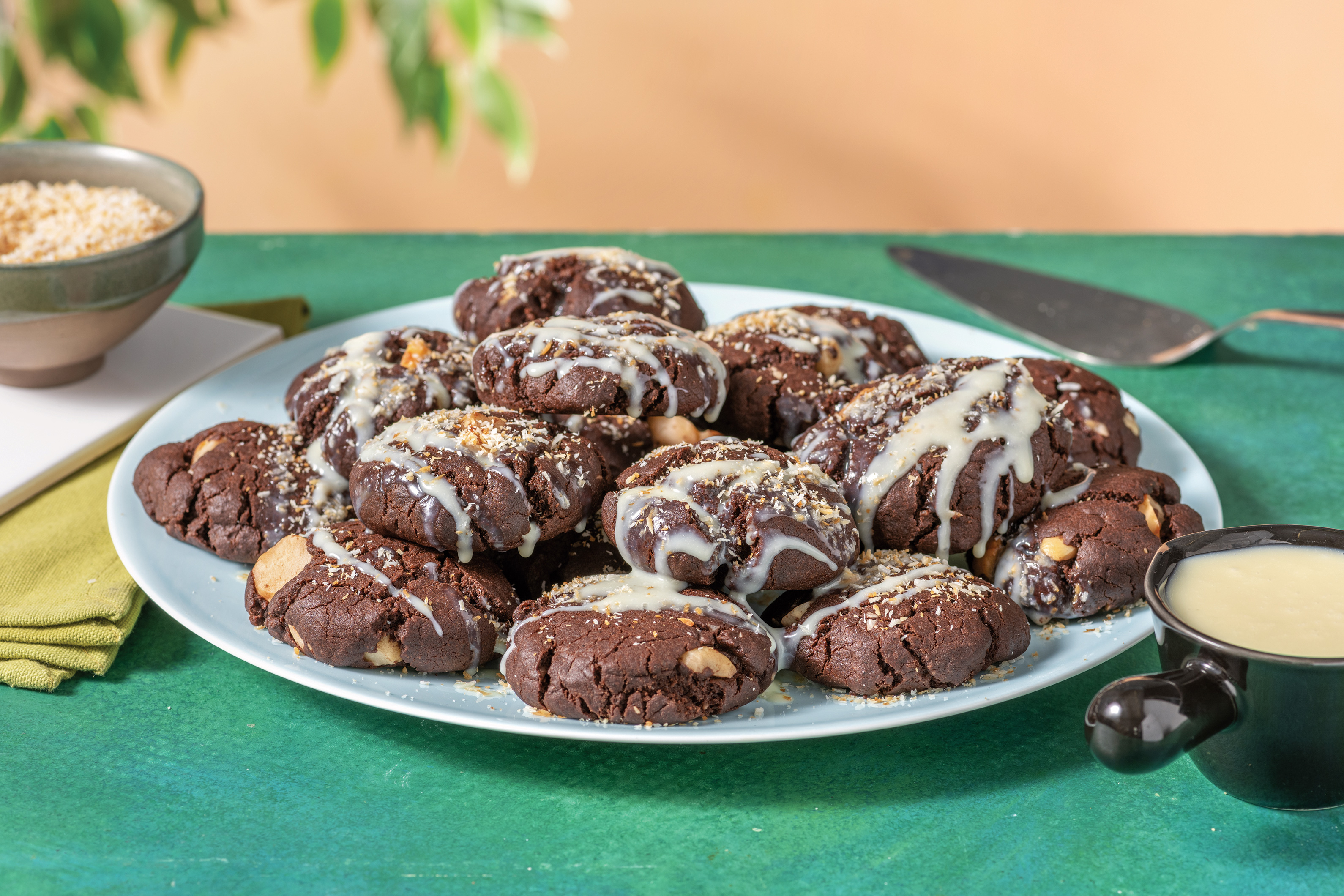 Chocolate Macadamia Cookies with White Chocolate Drizzle & Toasted Coconut