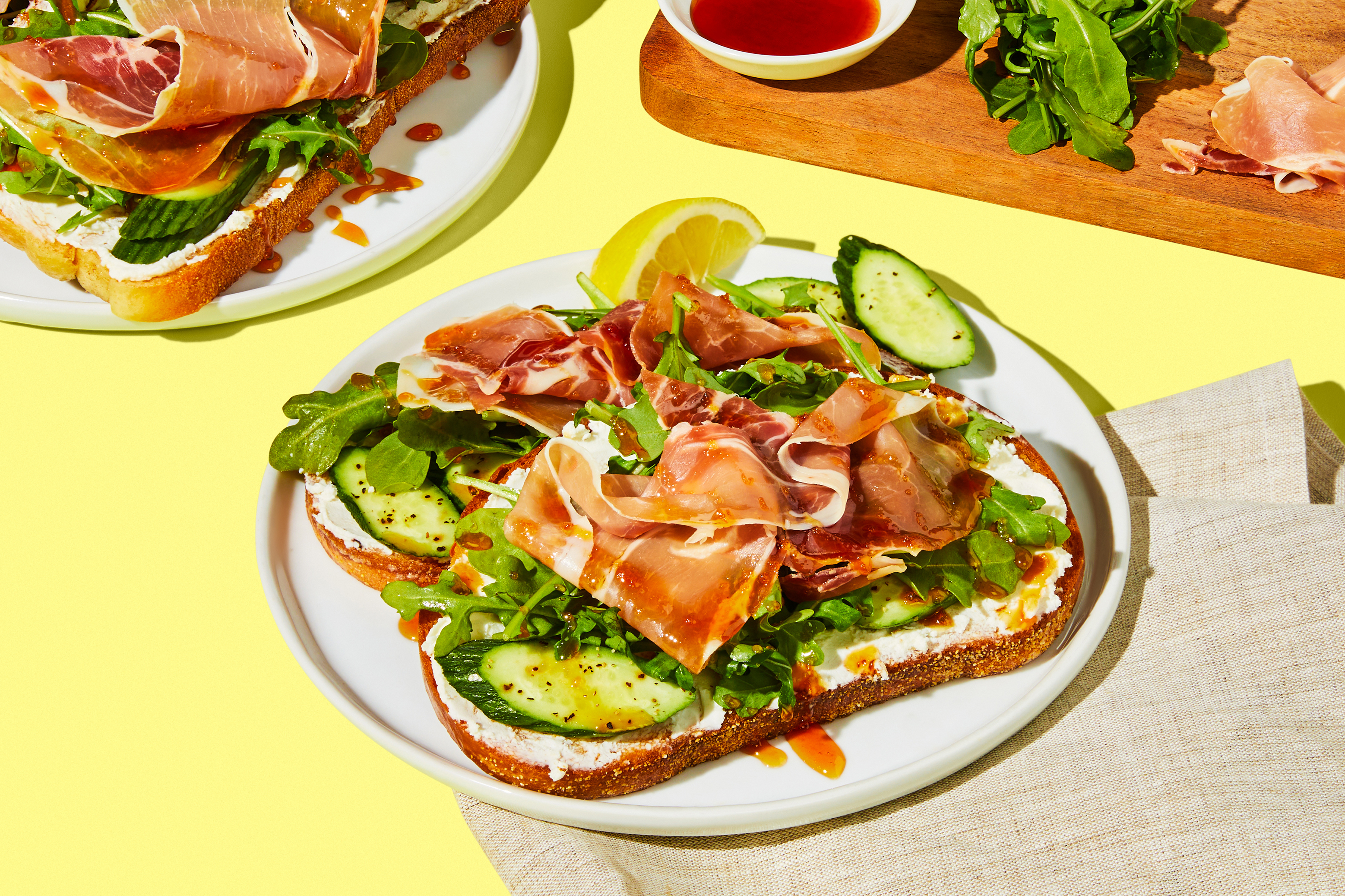 10 MM Hot Honey Goat Cheese and Prosciutto Open Face Sandwich