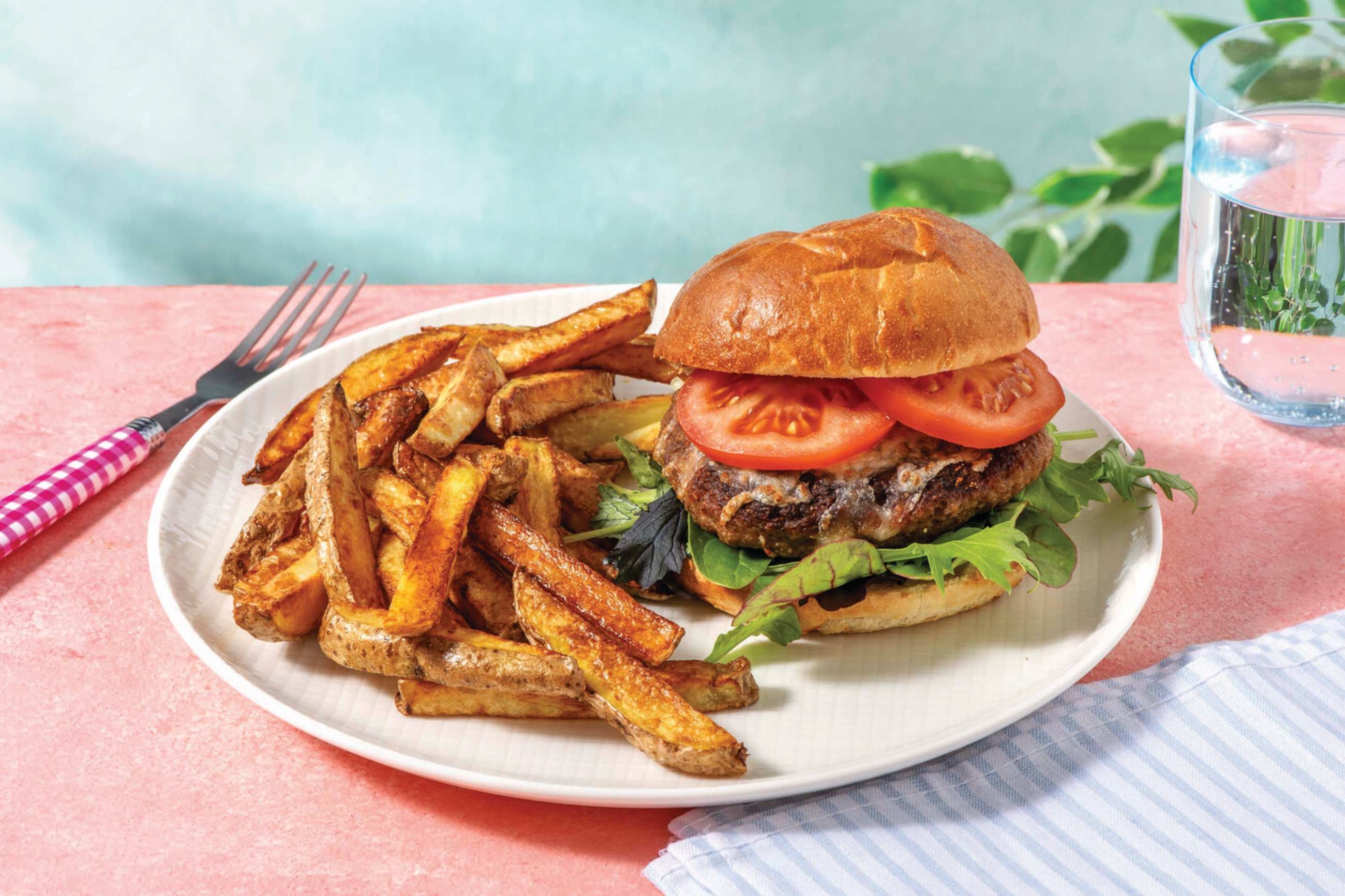 Beef Cheeseburger & Fries with Tomato & Salad Leaves