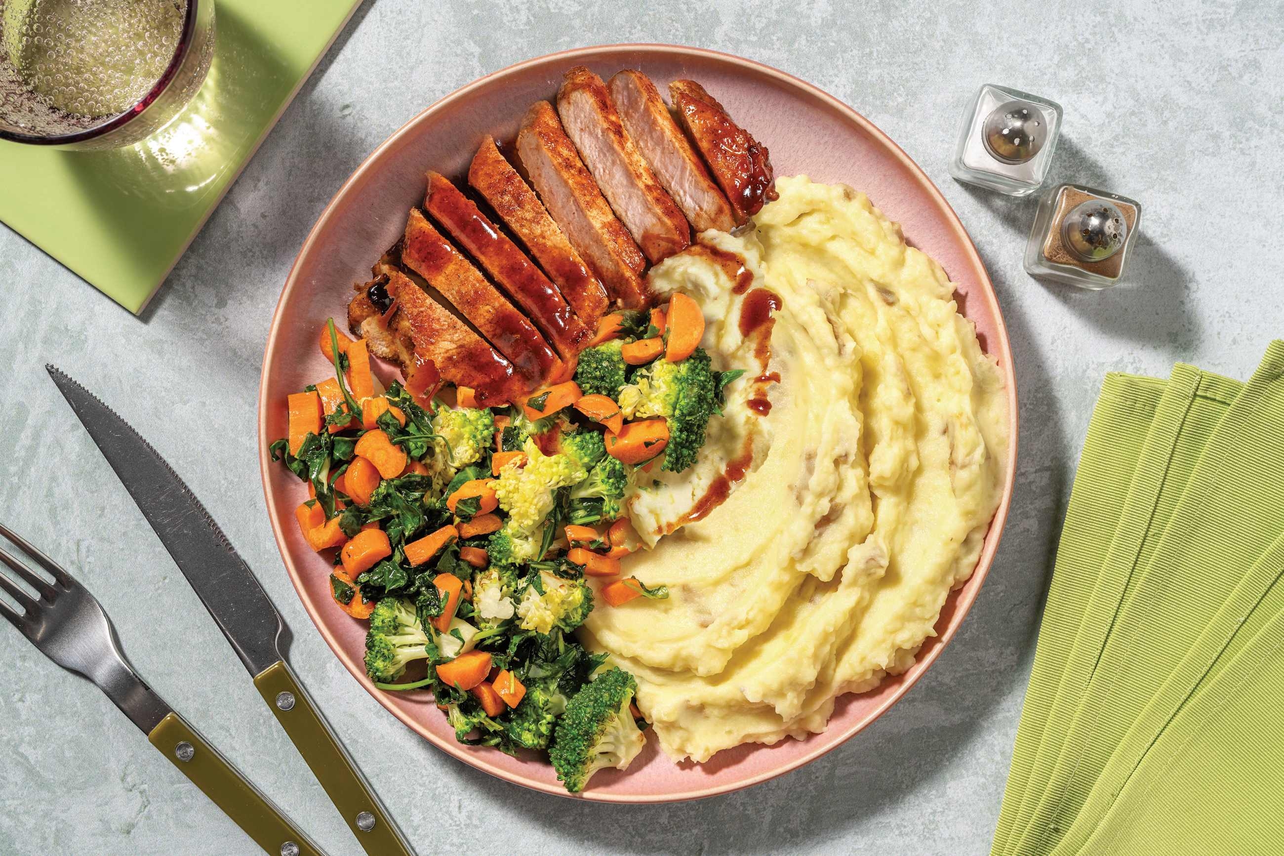 Sticky Pork Steaks, Quick-Prep Veg & Kale