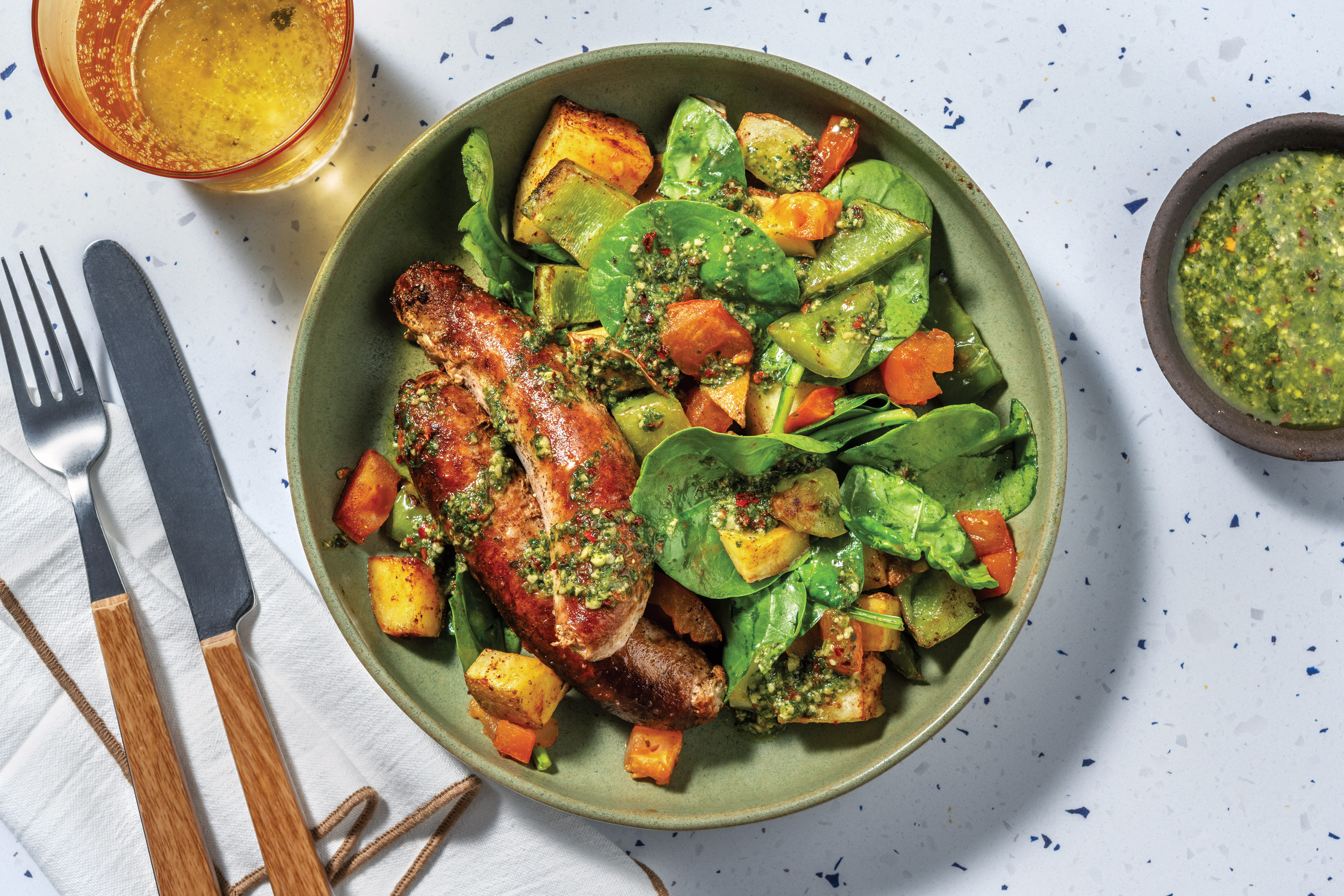 Herby Pork Sausages & Capsicum-Spinach Toss