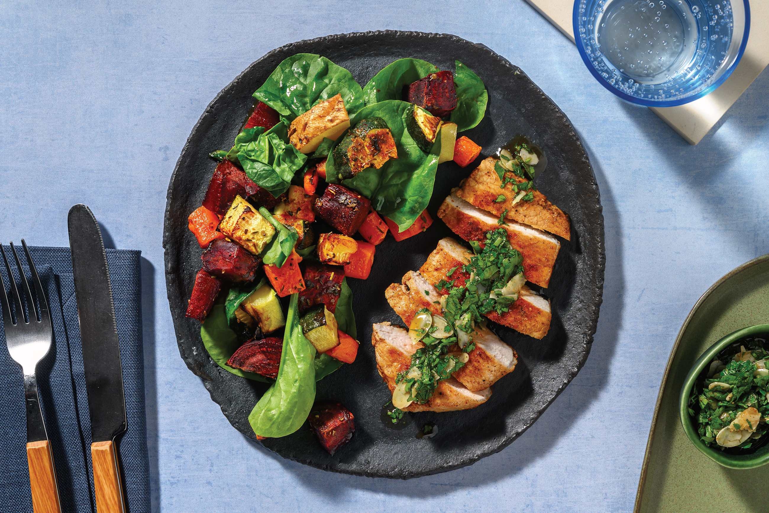 Seared Pork Steak & Almond-Parsley Topping 