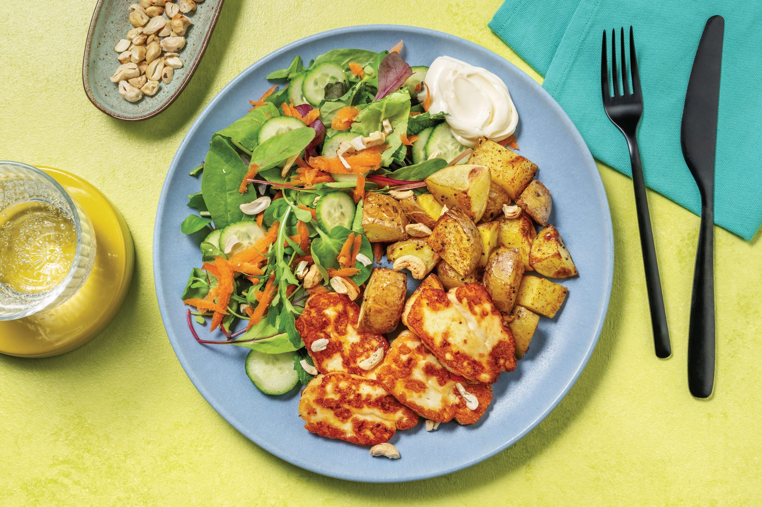 Sticky Halloumi, Chicken & Spiced Potatoes