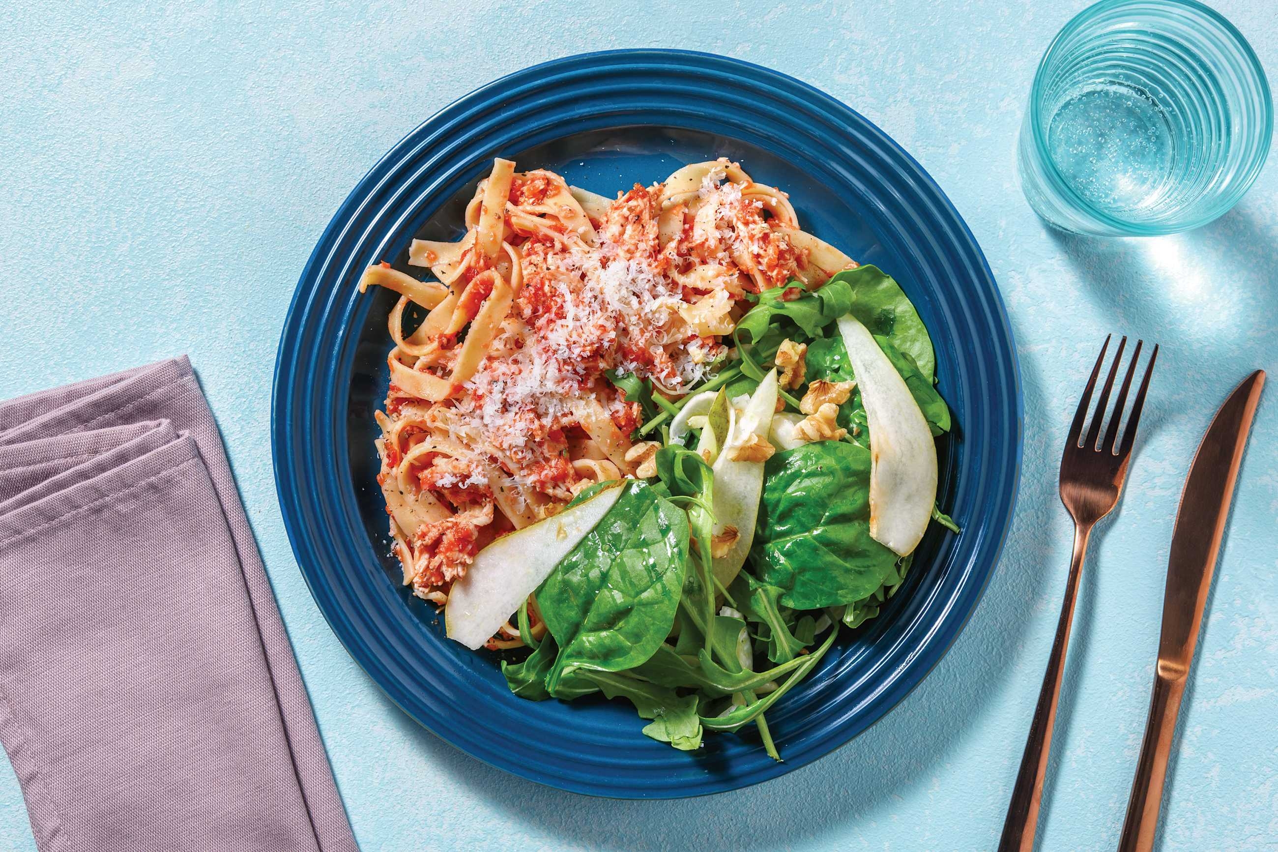 Slow-Cooked Chicken Fettuccine with Parmesan, Walnuts & Pear Salad