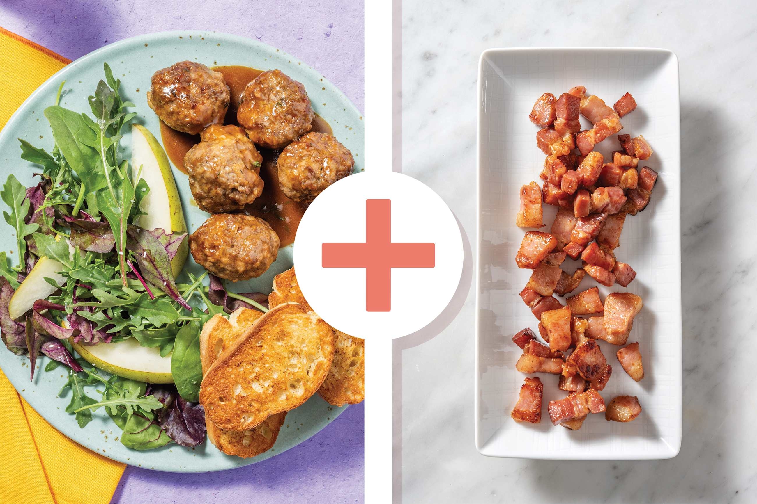 Cheesy Beef Meatball Bake, Bacon & Herbed Gravy