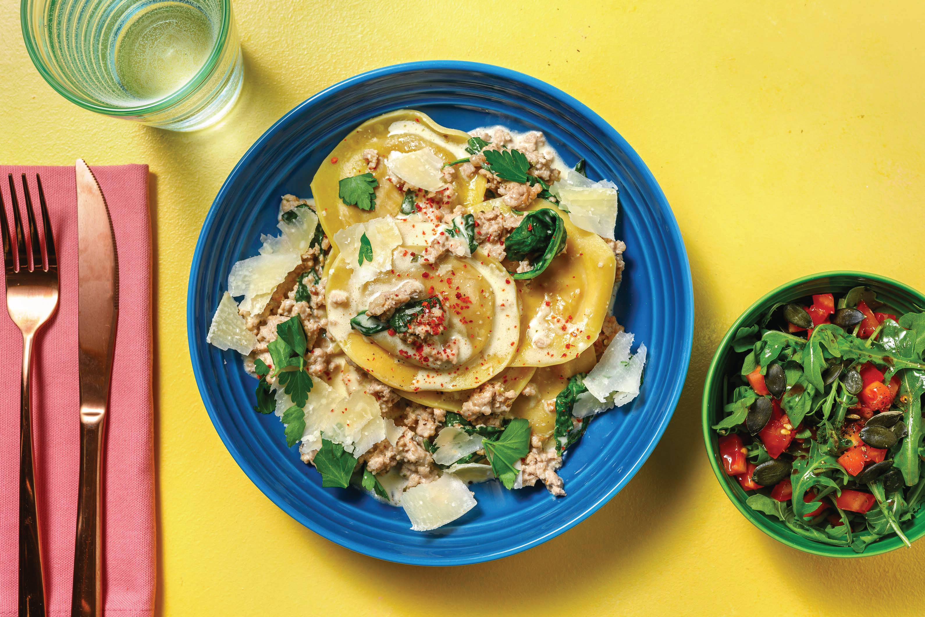Creamy Pork & Pumpkin Ravioli with Tomato-Rocket Salad