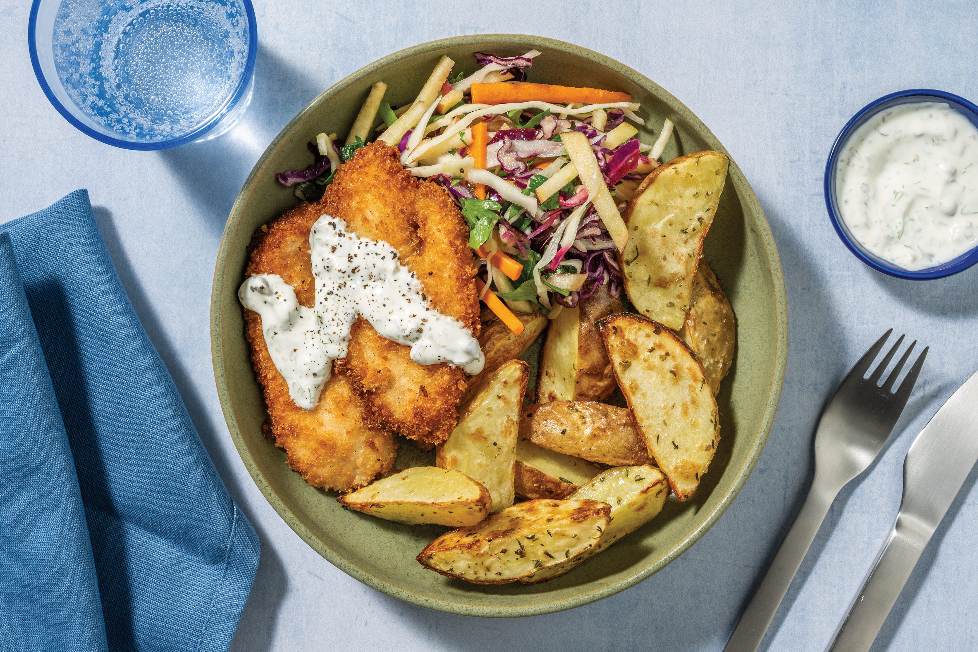 Crumbed Chicken & Garlicky Wedges