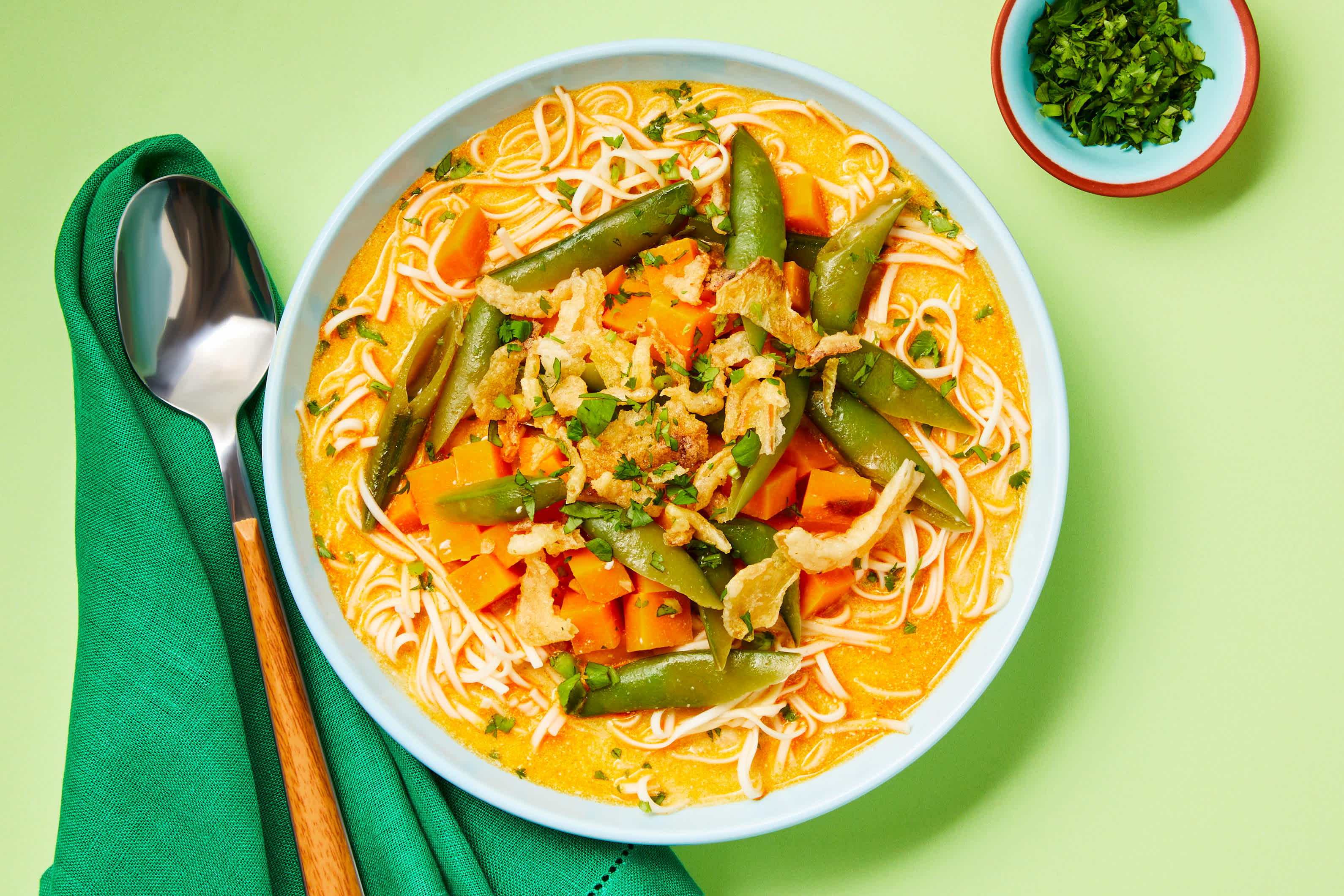 [UPGRADE VEGGIE TO SHRIMP] Vegan Coconut Noodle Soup with Sweet Potatoes and Crispy Onions