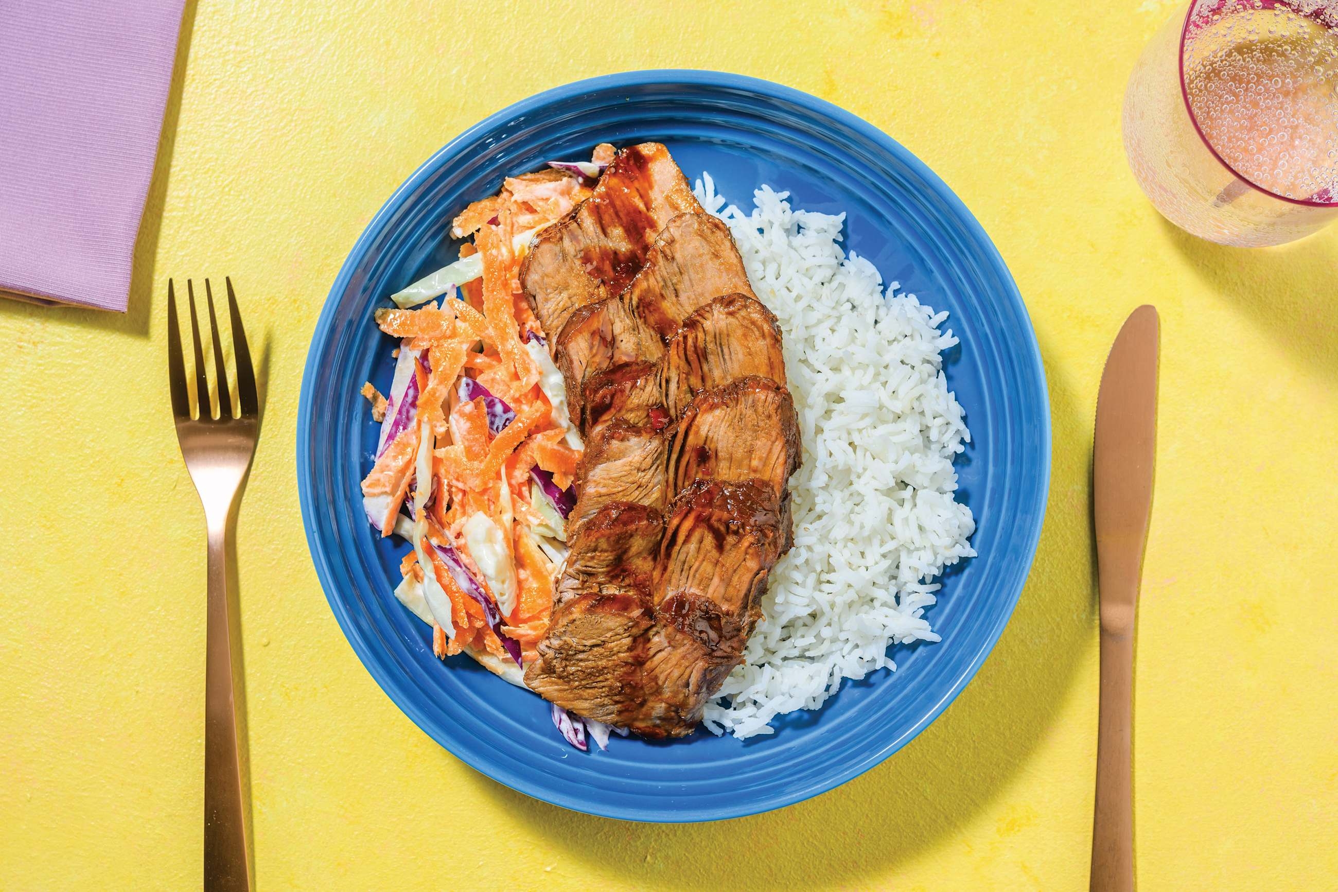 Sweet Chilli-Glazed Beef Brisket with Butter Rice & Creamy Sesame Slaw