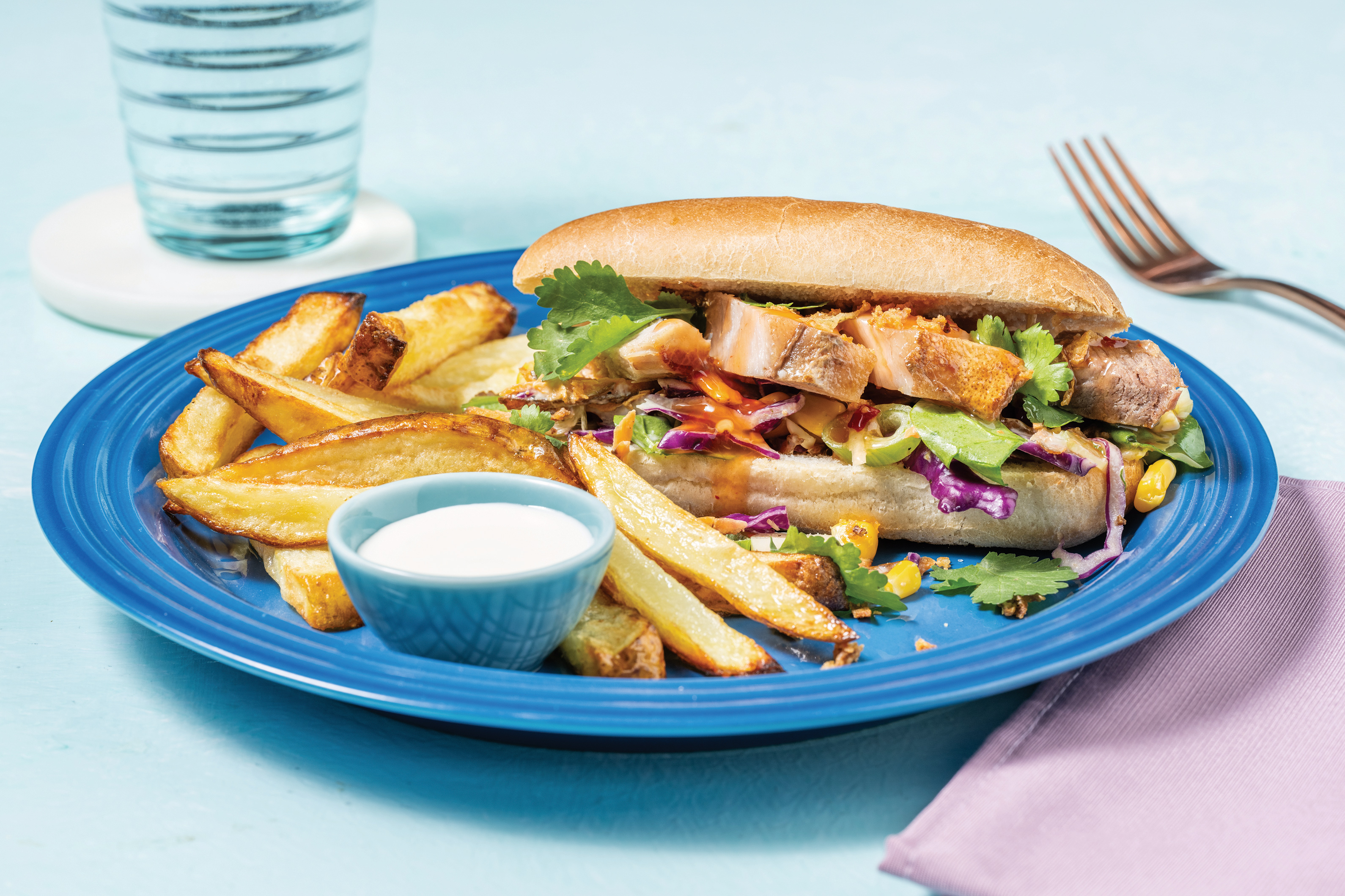 Asian Pork Belly Rolls with Creamy Slaw & Fries
