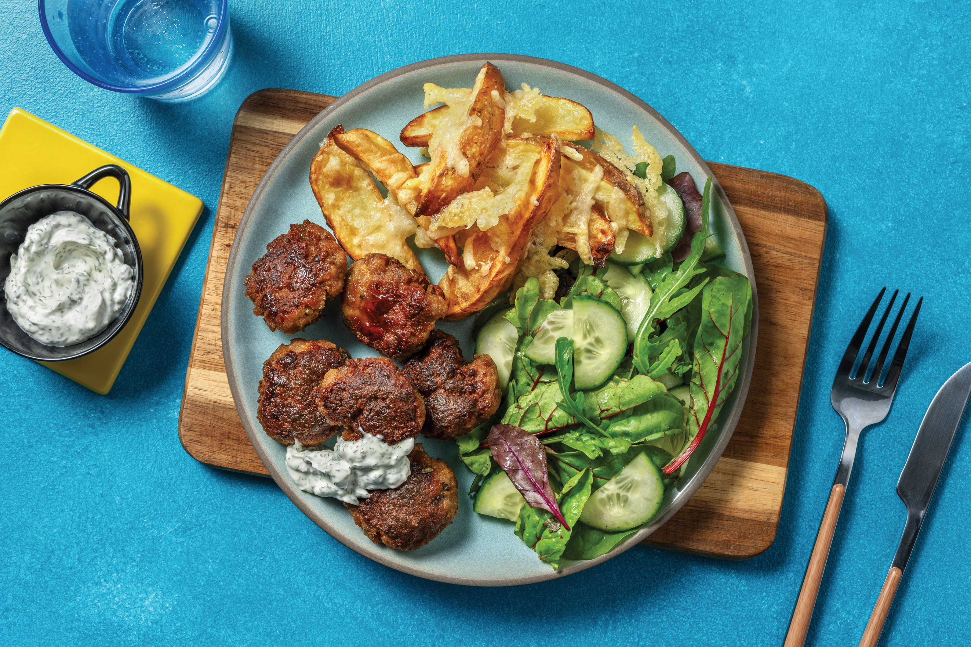 Mediterranean Lamb Rissoles & Cheesy Wedges