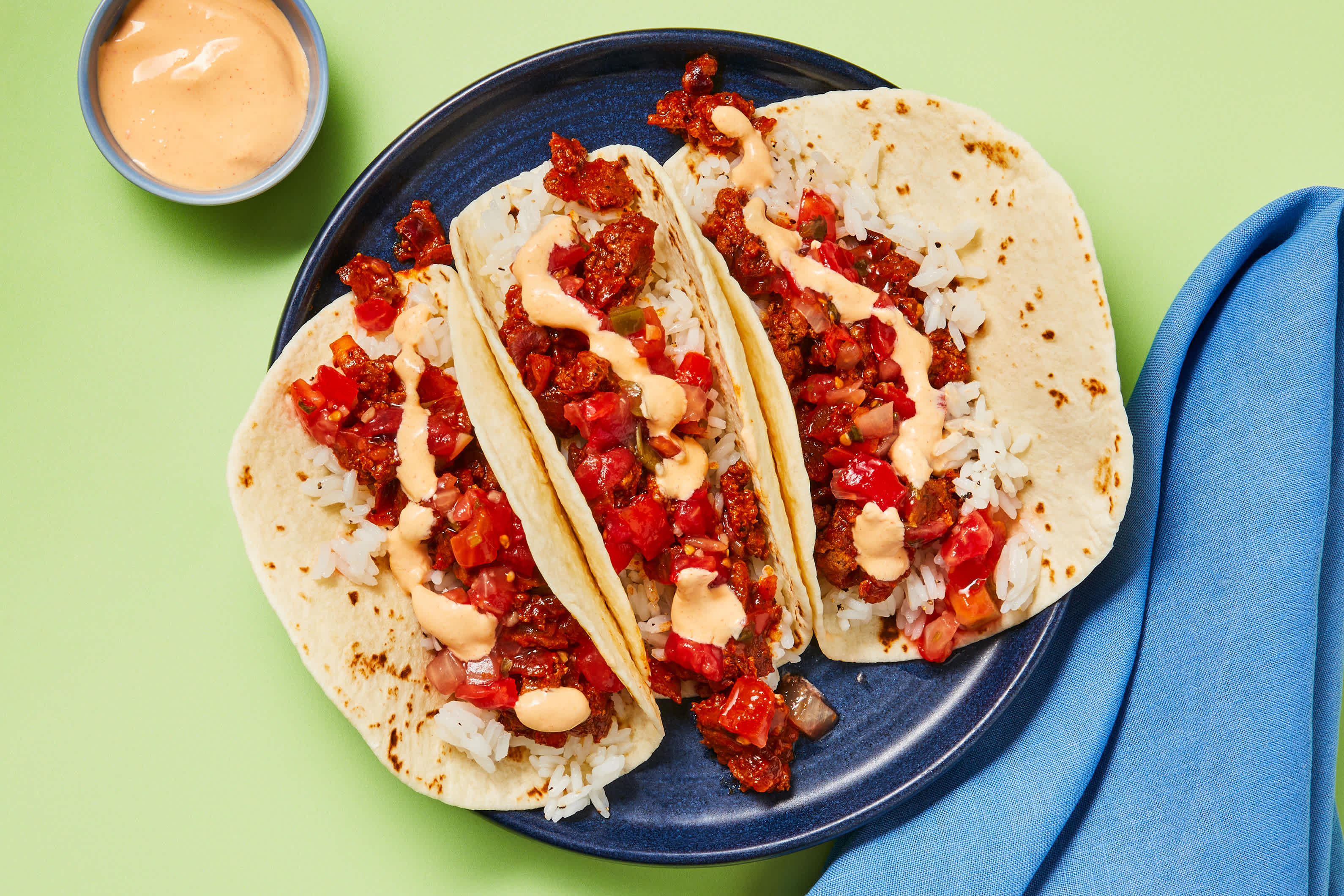 [SWAP GROUND TURKEY TO CHOPPED CHICKEN BREASTS] Tex-Mex Turkey and Rice Tacos with Pico de Gallo and Smoky Crema