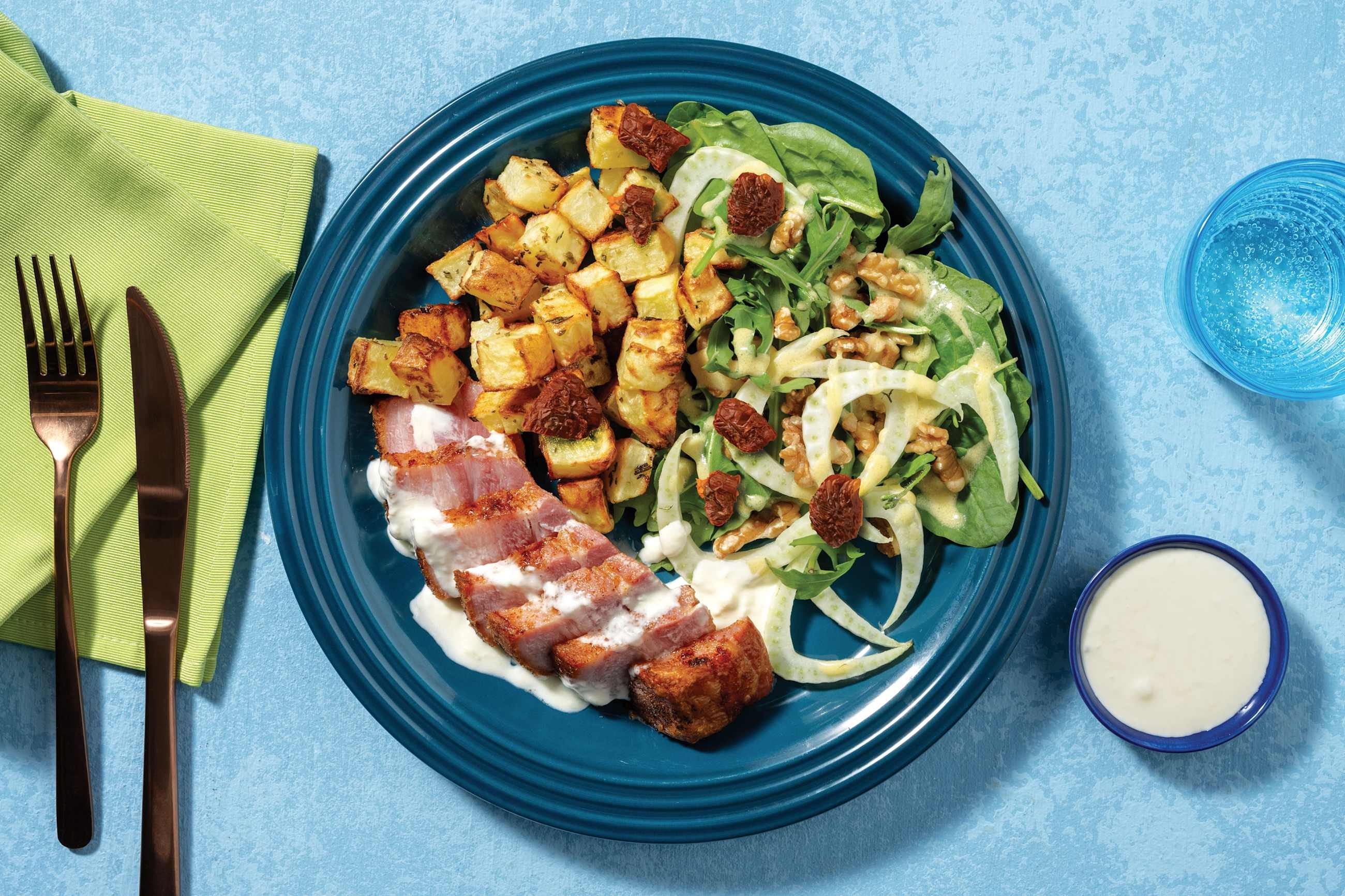 Roast Pork Belly & Béarnaise Sauce with Roast Rosemary Potatoes & Semi-Dried Tomato Salad