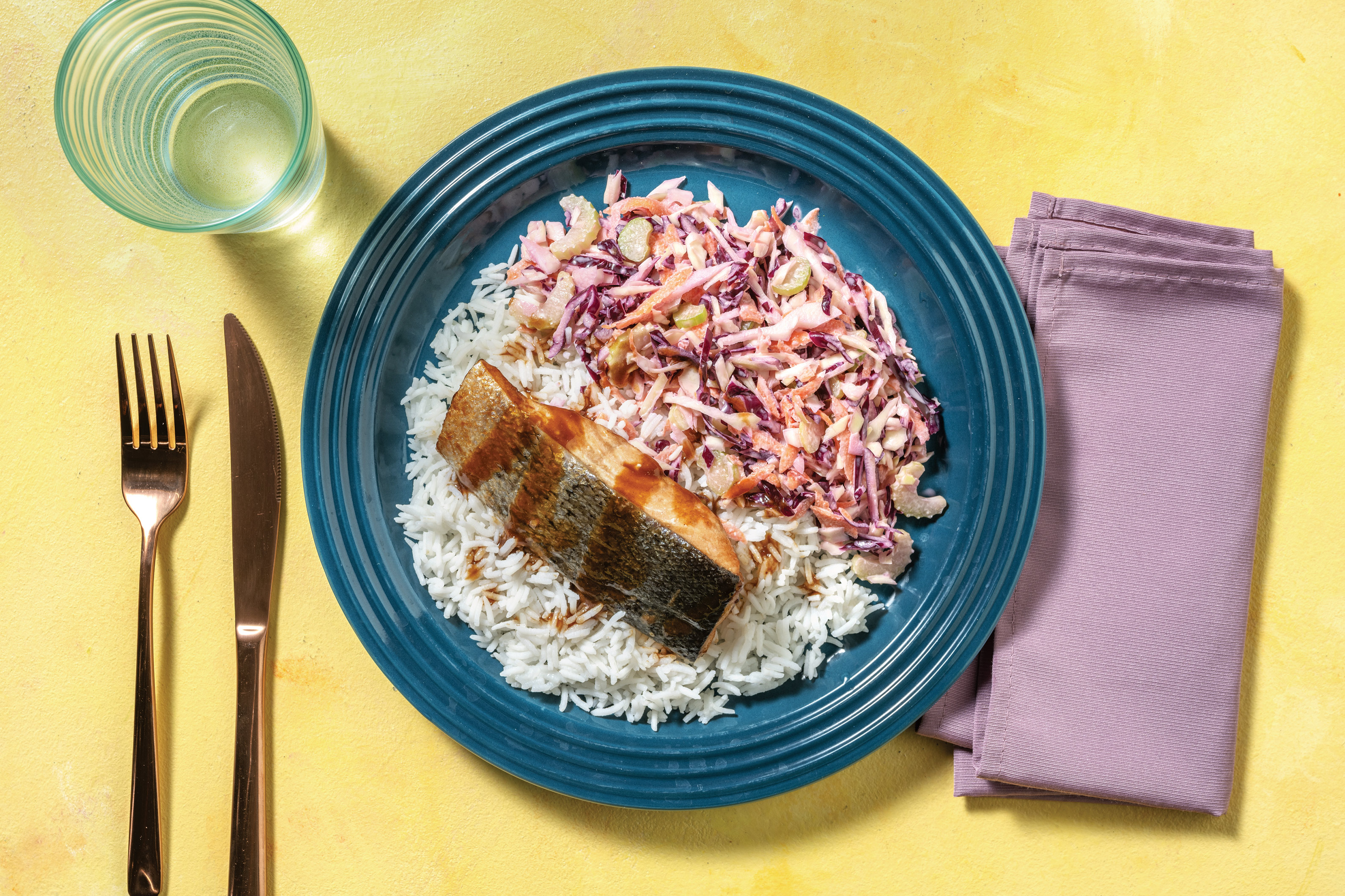 Hoisin & Garlic-Baked Salmon with Butter Rice & Creamy Slaw