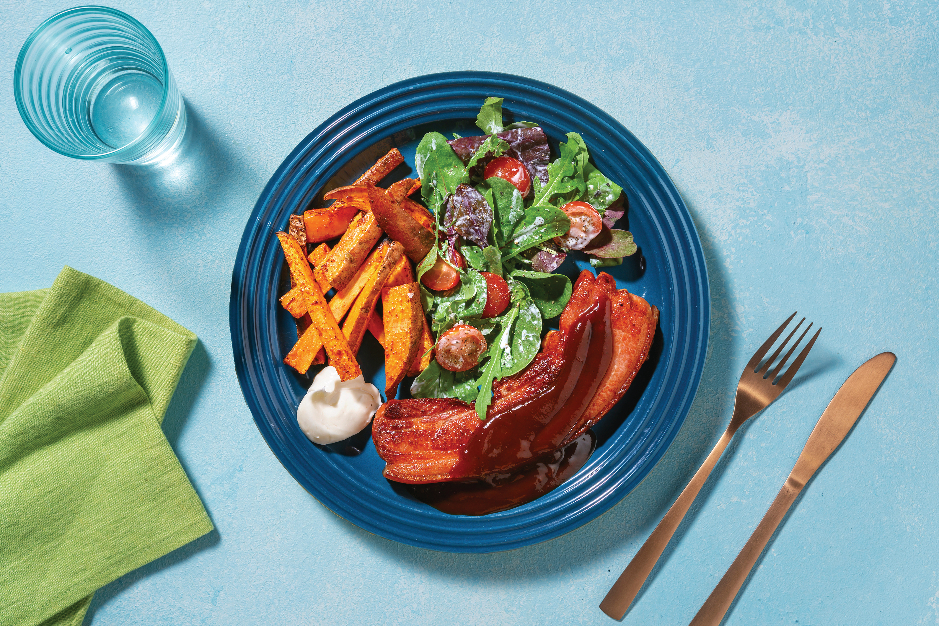 Sweet & Savoury Glazed Roast Pork Belly with Spiced Sweet Potato Fries & Ranch Salad