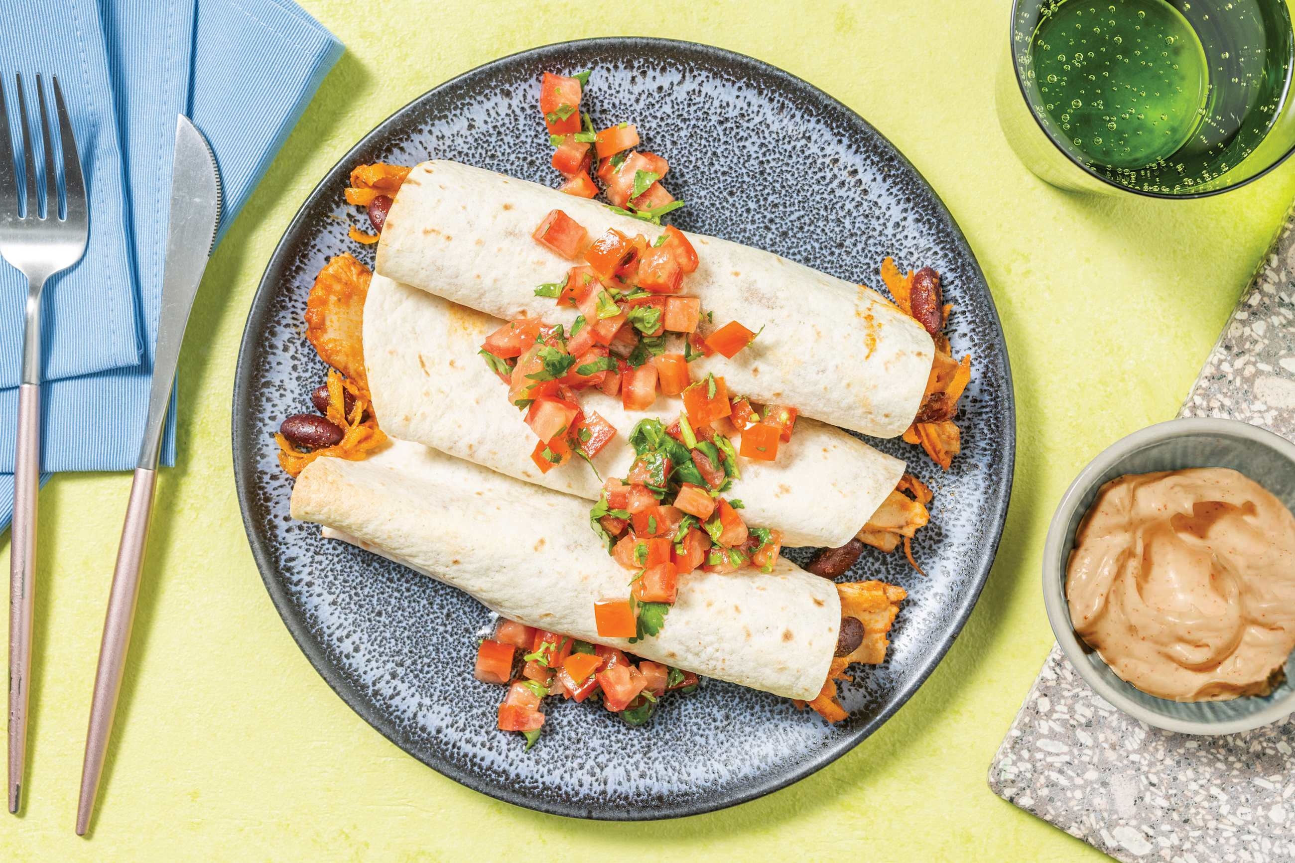 Fiery Plant-Based Chick’n Enchiladas