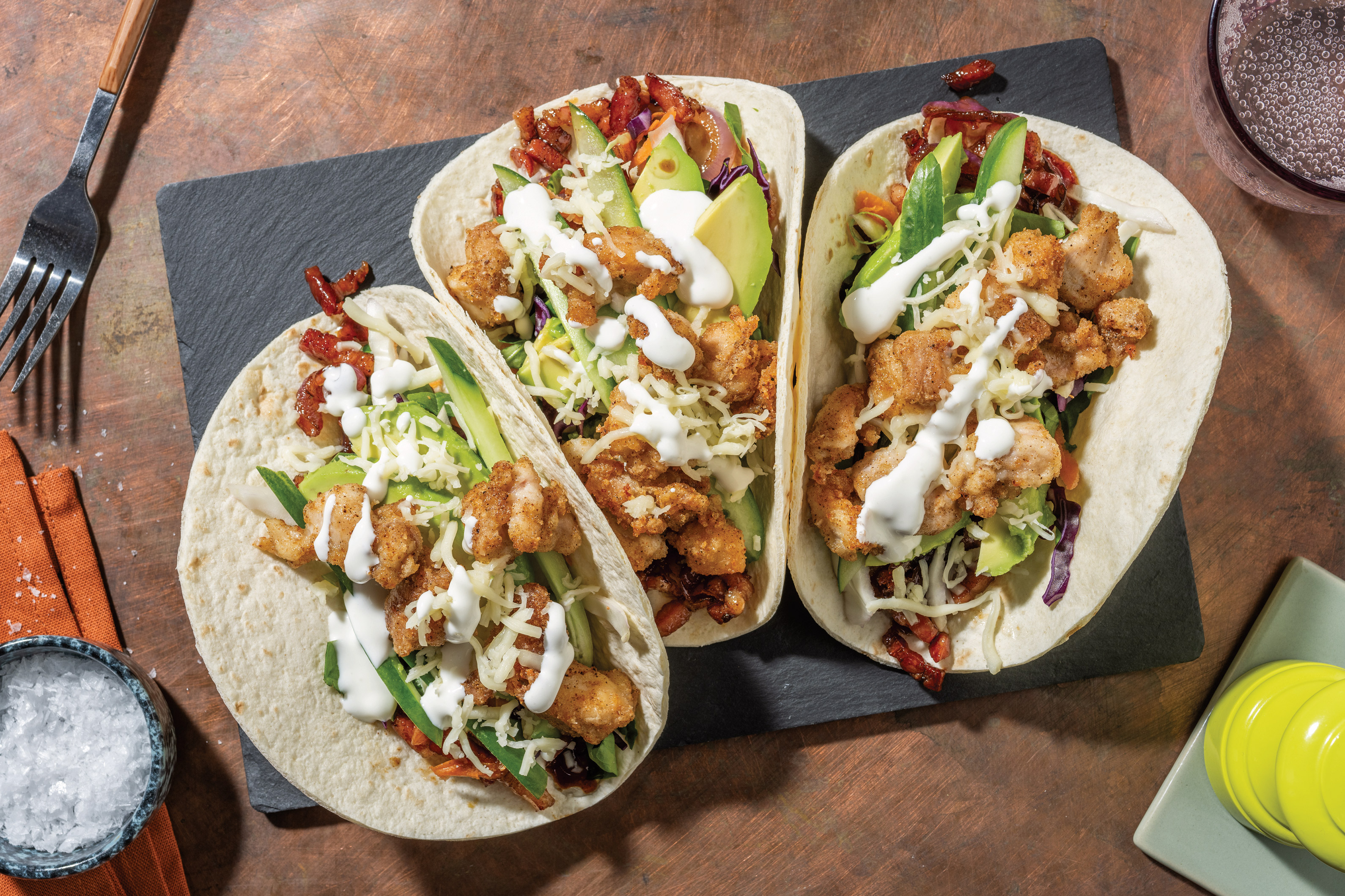 Popcorn Chicken & Bacon Jam Tacos