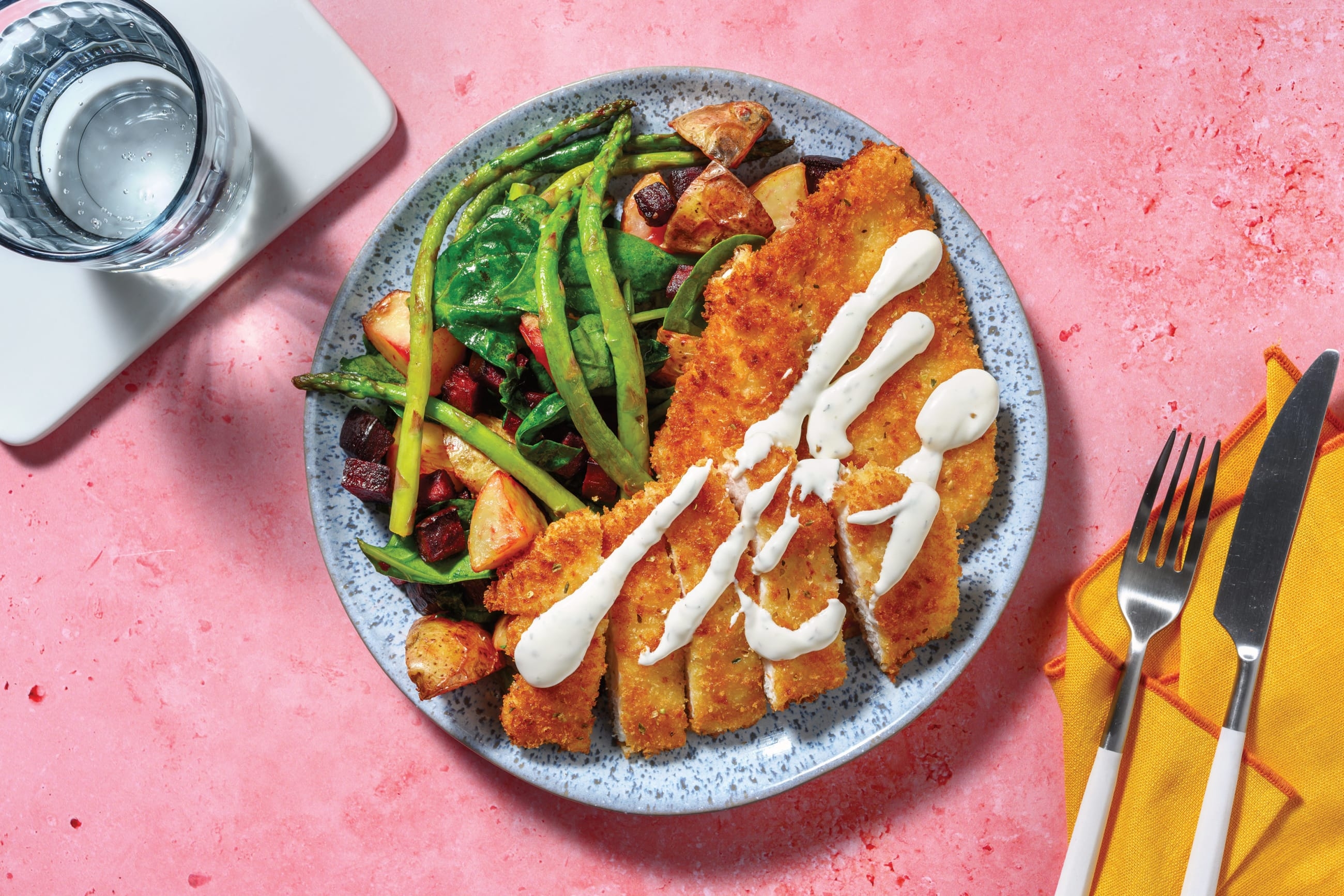 Crumbed Chicken & Cheesy Roast Veggie Toss