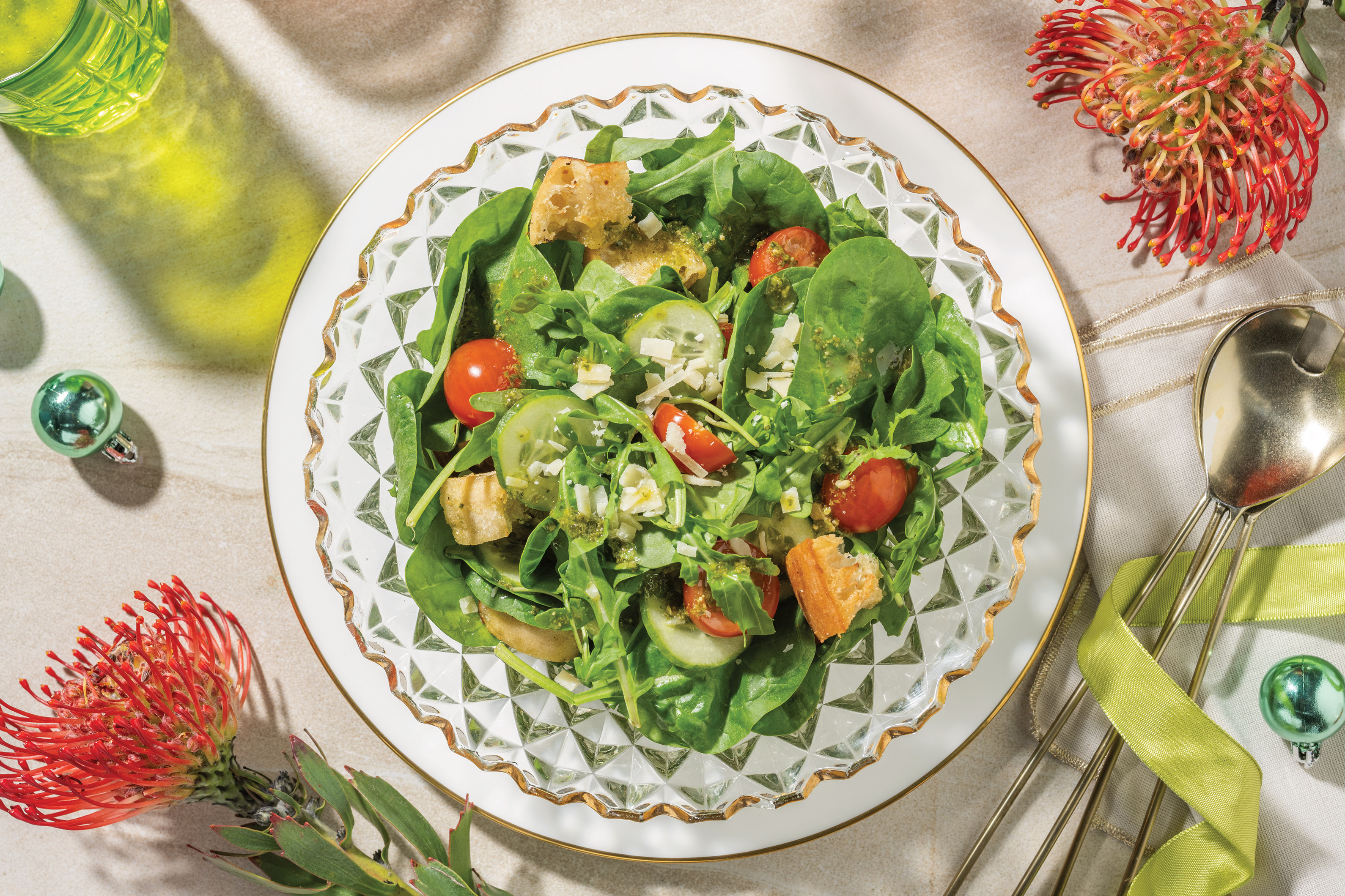 Panzanella Salad & Basil Pesto Dressing with Garlicky Croutons & Parmesan  Cheese
